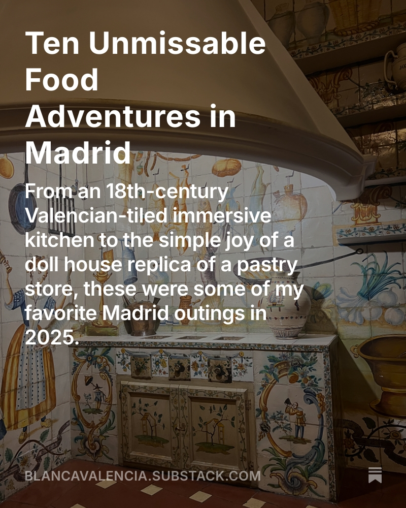 The Gazpacho Chronicles is back with 10 unmissable places to visit in Madrid from my 2025 visits.
-Sweeping views of Madrid at @clubfinanciero with cocktails
-The Valencian kitchen at @mnad_madrid
-The gastro and art tour (need to buy booklet) @museolazarogaldiano (it's also a mini Prado and a palace)
And many more..
Read at Link in Bio
or here https://blancavalencia.substack.com/p/ten-unmissable-food-adventures-in
#substack #substackwriter #madrid #madridrestaurants #spanishfood #madridmuseums