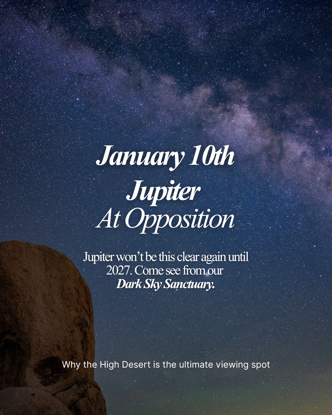 JUPITER is putting on a show and Joshua Tree has some of the best seats in the house.
On January 10th the “King of Planets” hits its peak brightness. Jupiter is reaching its 2026 opposition- the one night of the year its closet to Earth and brightest in our sky.
While you could see this from anywhere, there is a reason the High Desert is the ultimate “front row seat.” It’s not just about the dark, it’s about the air. At our elevation, you are standing above the coastal haze and heavy humidity that blurs the night sky. Here, the dry desert air acts as a natural lens, stripping away the distortion. Instead of a twinkling star, you see Jupiter as it really is: a steady beacon so bright it can cast a shadow across sand.
Our homes are curated to be more than just desert homes. They are gateways to stillness. Whether you’re watching from a private terrace or through the steam of a hot tub, consider every outdoor space your personal observatory.
Property feature: Villa Paros, Little Joshua Tree, Jt Campover, Sawtooth, Yucca Cabins, Casa Bella, The Art House
Save this list for your next night sky visit to Joshua Tree National Park.
#nightsky #travelcalifornia #desertescape #desertvacationrentals
