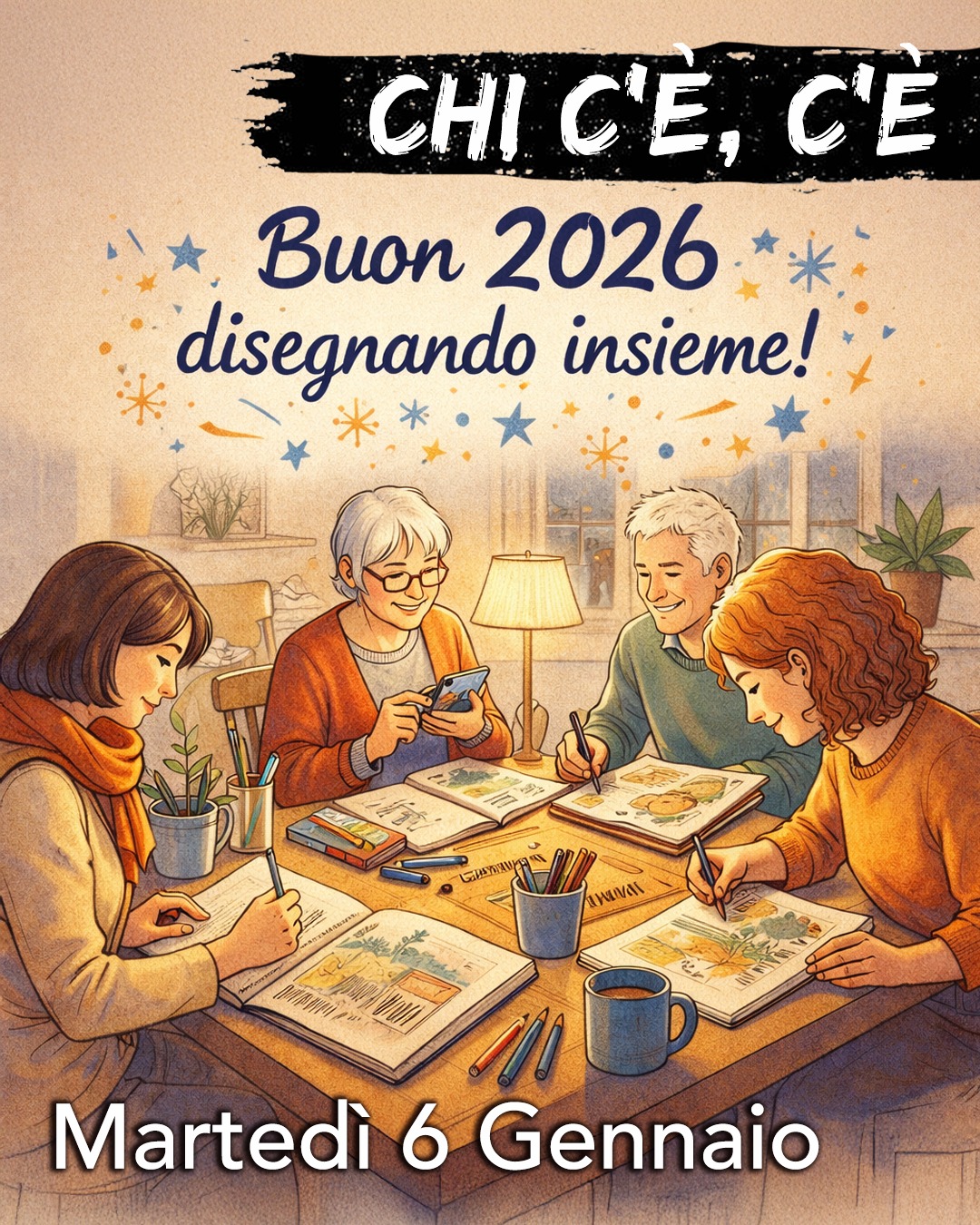 🎉 Iniziamo il 2026… disegnando insieme! ✏️🗓️
Martedì 6 gennaio torna il nostro primo Chi c’è… c’è... dell’anno: un momento conviviale e senza formalità, per ritrovarci, augurarci buon anno e dare il via a un nuovo anno di schizzi e creatività!
📍 Ci troviamo alle 17:00 presso la Sala Ticino di Pro Senectute a Porza
🕖 Fino alle 19:00
📎 Nessuna iscrizione, solo carta, penne, colori e voglia di condividere il piacere del disegno… anche partendo da qualche fotografia!
Un grande GRAZIE a Lorenza per aver organizzato questo primo incontro dell’anno! ❤️
Vi aspettiamo numerosi: Chi c’è… c’è!
🎆 Buon 2026 a tutti gli amici USTi! 🎆
📲 Per ulteriori informazioni visitate il sito (link in bio)
#UrbanSketchersTicino #SketchTogether #ChiCeCeUSTi #DisegnoDalVero #IncontriCreativi #SketchLife #BuonAnnoCreativo #Porza #DisegnareInsieme #TicinoSketchers #USTi2026