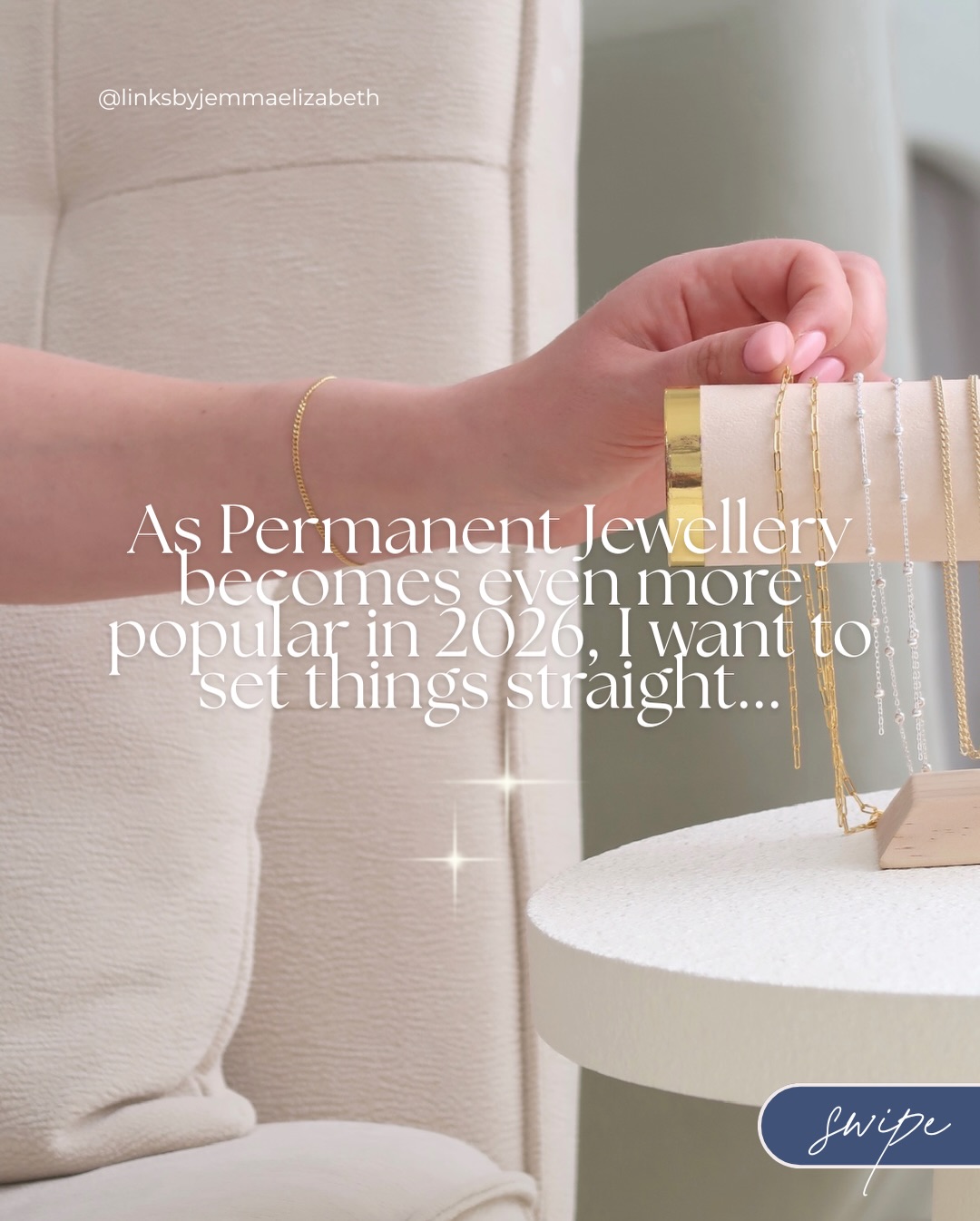 Before you let the internet talk you out of something you might actually love, let’s set the record straight...💍✨
There are a few myths that need debunking (and we’ve heard them one too many times!)
It’s intentional. It’s fitted properly.
And it’s made to mean something, not just look good for a week.
Permanent jewellery isn’t about trends or drama.
It’s about choosing something that stays with you 💙
Tap the link in bio to book your 2026 Links appointment | Based at @jemmaelizabethbeauty