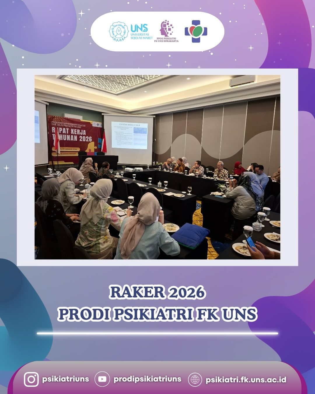 *Rapat Kerja Tahunan PPDS Psikiatri FK UNS*
Program Studi Psikiatri FK UNS mengawali tahun dengan Rapat Kerja Prodi sebagai momentum evaluasi dan perencanaan ke depan. Rapat ini membahas capaian program tahun sebelumnya serta strategi pengembangan pendidikan, penelitian, dan pengabdian di tahun 2026.
Dengan semangat kolaborasi dan komitmen bersama, Prodi Psikiatri FK UNS terus melangkah untuk meningkatkan mutu dan kontribusi di bidang kesehatan jiwa.