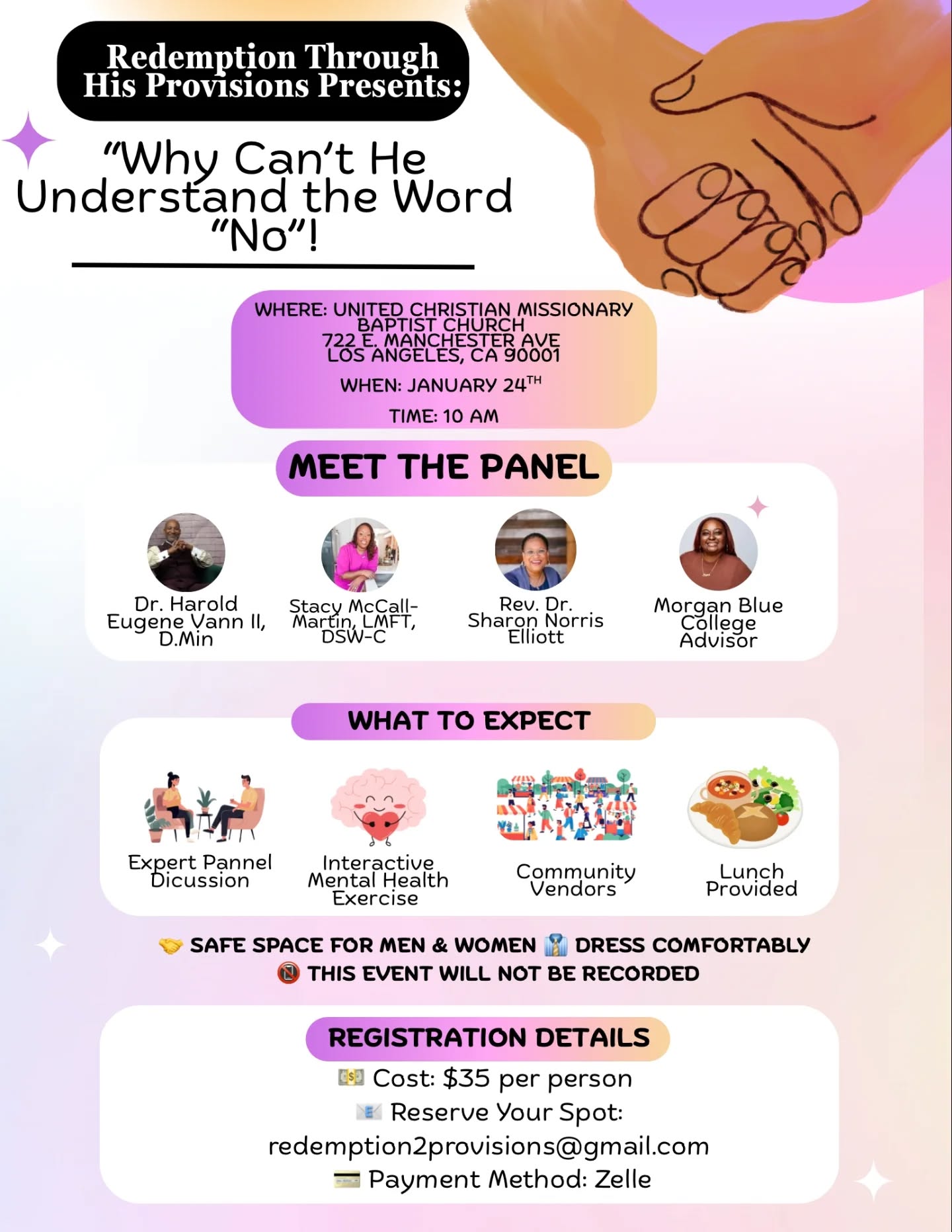 📢 Honored to join this powerful panel discussion on January 24th!
"Why Can't He Understand the Word 'No'!"
We're getting real about the mother-son dynamic, environmental influences, recognizing red flags, and the deeper patterns that shape how boundaries are understood and respected.
Joining me on this panel:
• Dr. Harold Eugene Vann II, D.Min
• Rev. Dr. Sharon Norris Elliott
• Morgan Blue, College Advisor
We'll explore the intersection of mental health, education, and relationship dynamics — unpacking myths, examining history, and offering practical insight.
✨ What to expect:
• Expert panel discussion
• Interactive mental health exercise
• Sound bath experience
• Community vendors & lunch
This is a safe, unrecorded space for meaningful dialogue. Come ready for honest conversation and healing.
📍 United Christian Missionary Baptist Church (Los Angeles)
📅 January 24th, 10 AM
💵 $35 | Register: redemption2provisions@gmail.com