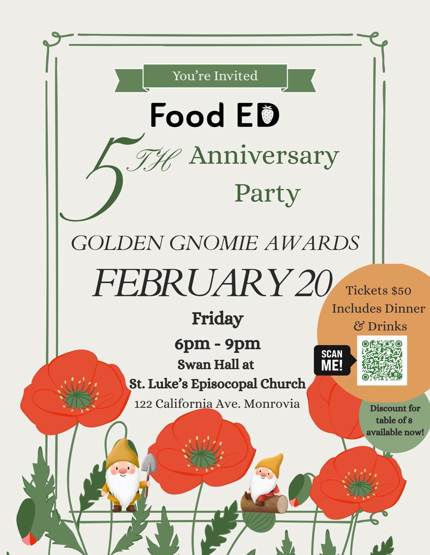 Join Us for the Food ED 5th Anniversary Golden Gnomies!
We’re celebrating five amazing years of Food ED with a memorable evening! Come enjoy a cozy meal made by our friends of the former Market Grill, share stories and successes of the past five years, and celebrate our Golden Gnomie awardees. Don’t miss out on this special anniversary bash—see you there!
RSVP now by scanning the qr code or clicking the link in bio!