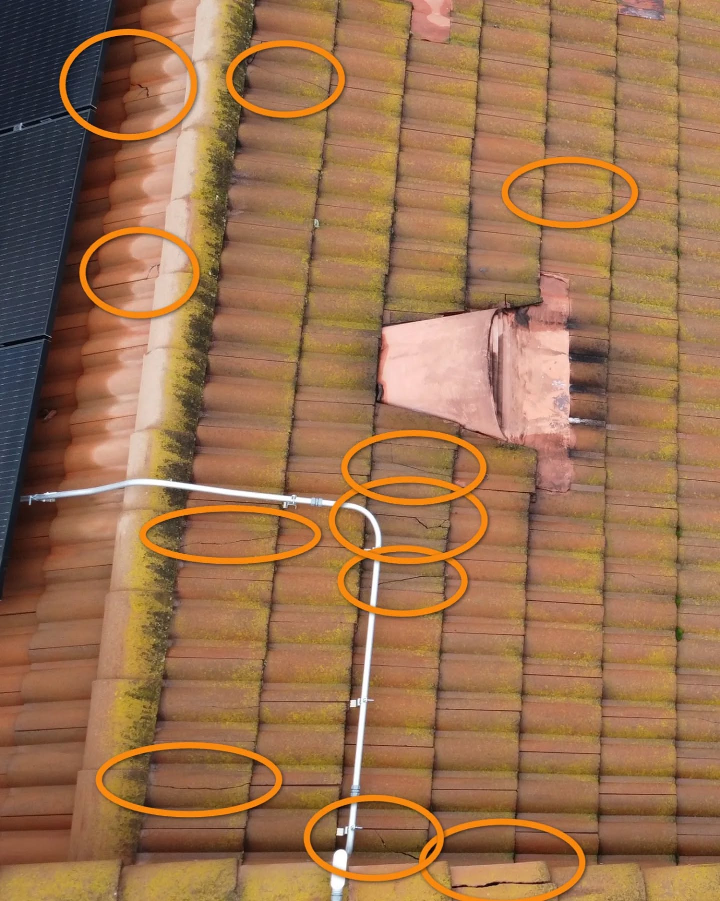 It's time for the defect of the day! Woot!!
Today's defect comes from drone photography I took of a clay tile roof yesterday.. I think I set a new record for the number of cracked tiles that I found in one drone roof inspection. I also think I set a new record for the number of cracked tiles in one photo (as shown here).
Cracked clay tiles represent a moisture intrusion risk. Water can percolate under the tiles into underlying roof structures. I pay careful attention to clay tiles around solar installations because sometimes the solar installers break the tiles during the solar panel installation and don't say anything about it.
The recommendation here is further evaluation by a licensed roofing contractor.
I hope you enjoyed today's defect of the day!
