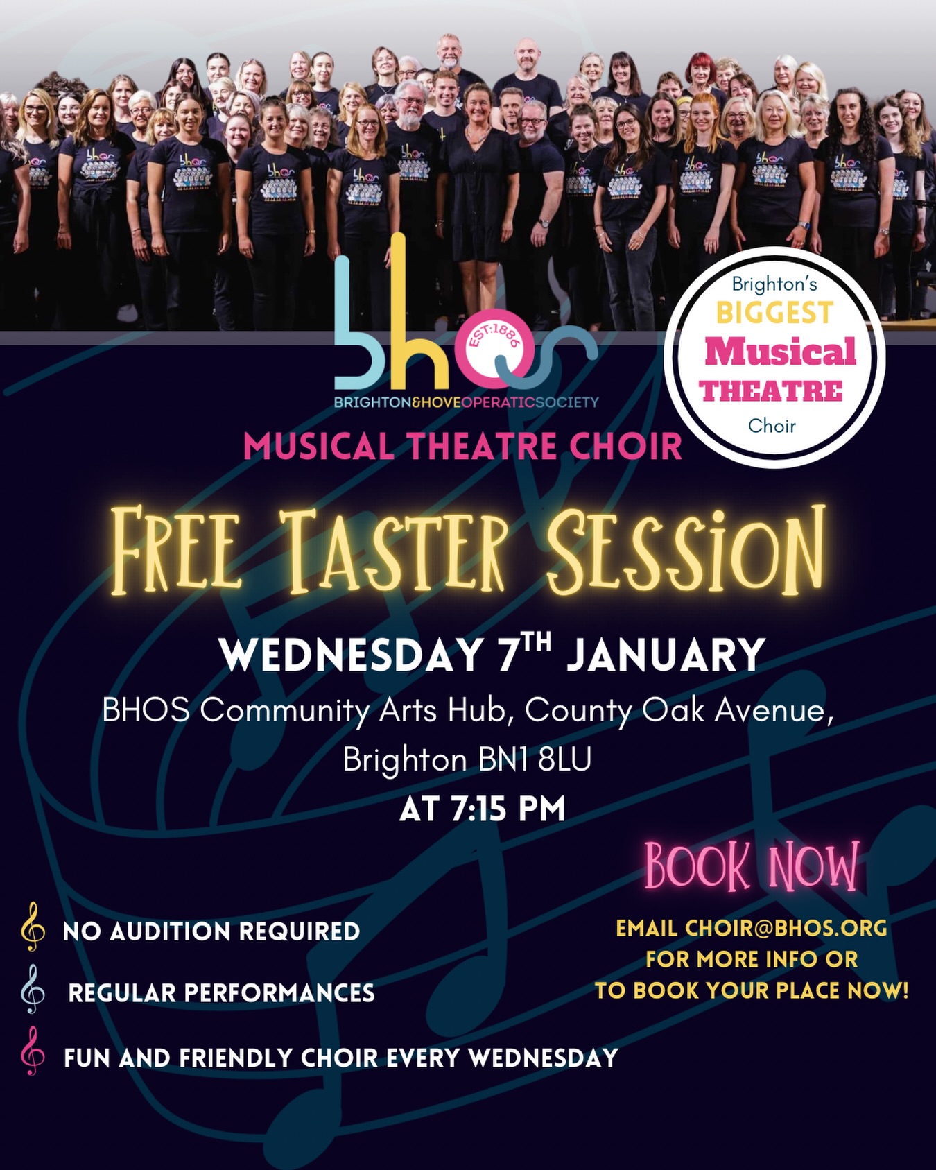 🎶 JOIN US 🎶 The next taster session for our Musical Theatre Choir is Wednesday 7th January! To enquire, or reserve a spot, email choir@bhos.org
Taster session - 7th January 2026
7.15 - 9.15pm
BHOS community arts hub
County Oak Avenue
Hollingbury
BN1 8DD
Spring term 7th January - 25th March 2026
#bhos #bhosmusicaltheatrechoir #bhoscommunityartshub