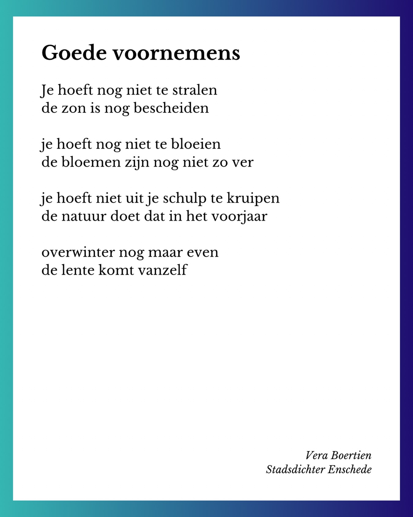 Over de stadsdichter die het jaar begon zonder inspiratie en die dat gewoon omarmde. 💕
❄️❄️❄️
Je hoeft nog niet te stralen
de zon is nog bescheiden
je hoeft nog niet te bloeien
de bloemen zijn nog niet zo ver
je hoeft niet uit je schulp te kruipen
de natuur doet dat in het voorjaar
overwinter nog maar even
de lente komt vanzelf
❄️❄️❄️
#stadsdichter #gedicht #poezie #goedevoornemens #happy2026