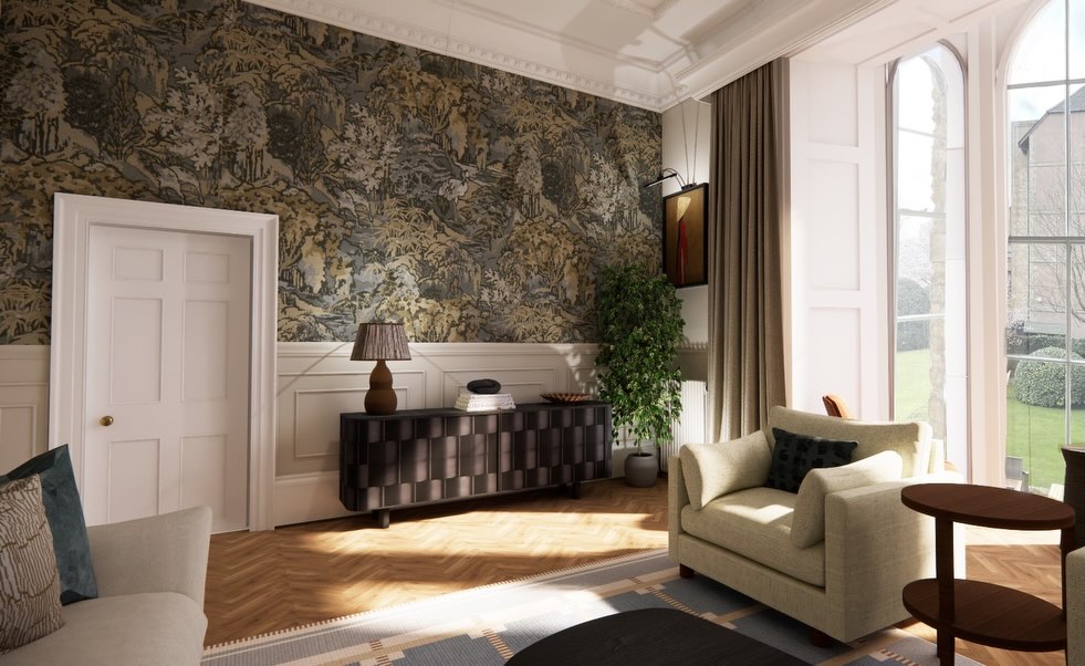 There’s something really special about working with homes that have been loved for years
This is our design proposal for our Clifton project’s living room. The space is defined by its beautiful original features, including high ceilings, cornicing, arched windows and parquet flooring. Our approach has been to enhance what already exists with thoughtful new layers. One of those is the introduction of a tapestry-inspired wallpaper, chosen to add warmth and depth while allowing the architecture to remain the focus.
We’re developing this project & design further throughout 2026, with our current focus on the cinema room, games room and family bathroom & we’re so looking forward to seeing the ideas take shape and sharing the journey as it unfolds.
Here’s to a new year of considered design and the creative process!