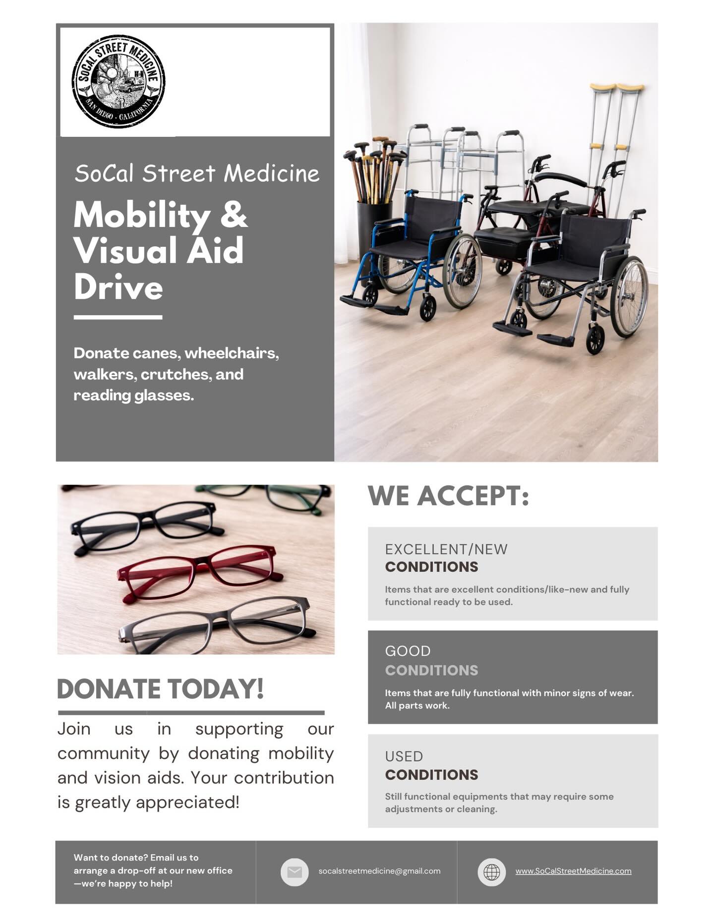We’re gathering canes, wheelchairs, walkers, crutches, and reading glasses for unhoused folks in San Diego. Have something to donate? Please message us. #socalstreetmedicine #donatetoday #SanDiego #streetmedicine #giveback