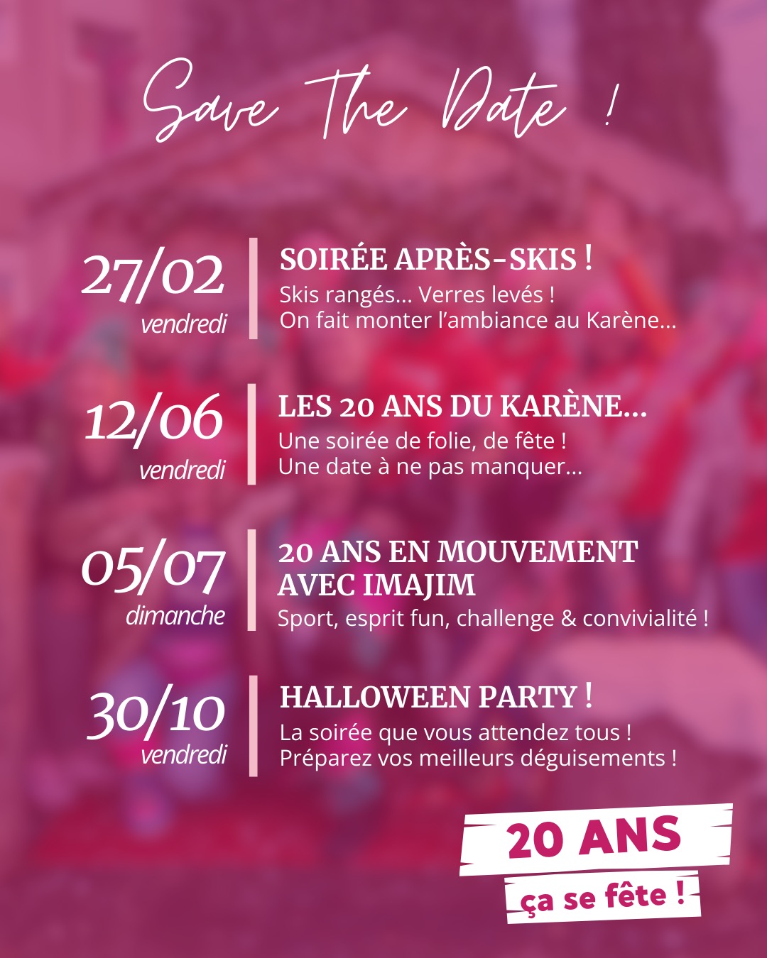 ✨ Les 20 ans du Karène ✨
2026 s’annonce exceptionnelle…
Le Karène fête ses 20 ans et on a décidé de célébrer ça toute l’année 🥂
📅 Save the date
➡️ Ven. 27 février : Soirée Après-Skis
➡️ Ven. 12 juin : Les 20 ans du Karène
➡️ Dim. 05 juillet : 20 ans en mouvement avec Imajim
➡️ Ven. 30 octobre : Halloween Party
Quatre rendez-vous, quatre ambiances, une seule promesse :
partager, vibrer et fêter 20 ans de souvenirs à vos côtés 💛
🎟️ Billetterie ouverte !
La toute première soirée après-skis aura lieu le 27 février ❄️🔥Skis rangés, verres levés ! On fait monter l'ambiance au Karene...
Les places sont disponibles dès maintenant… ne tardez pas ! Lien en Bio
On a hâte de fêter ça avec vous 🍾
#Karène20ans #SaveTheDate #AfterSki #AnnéeAnniversaire
