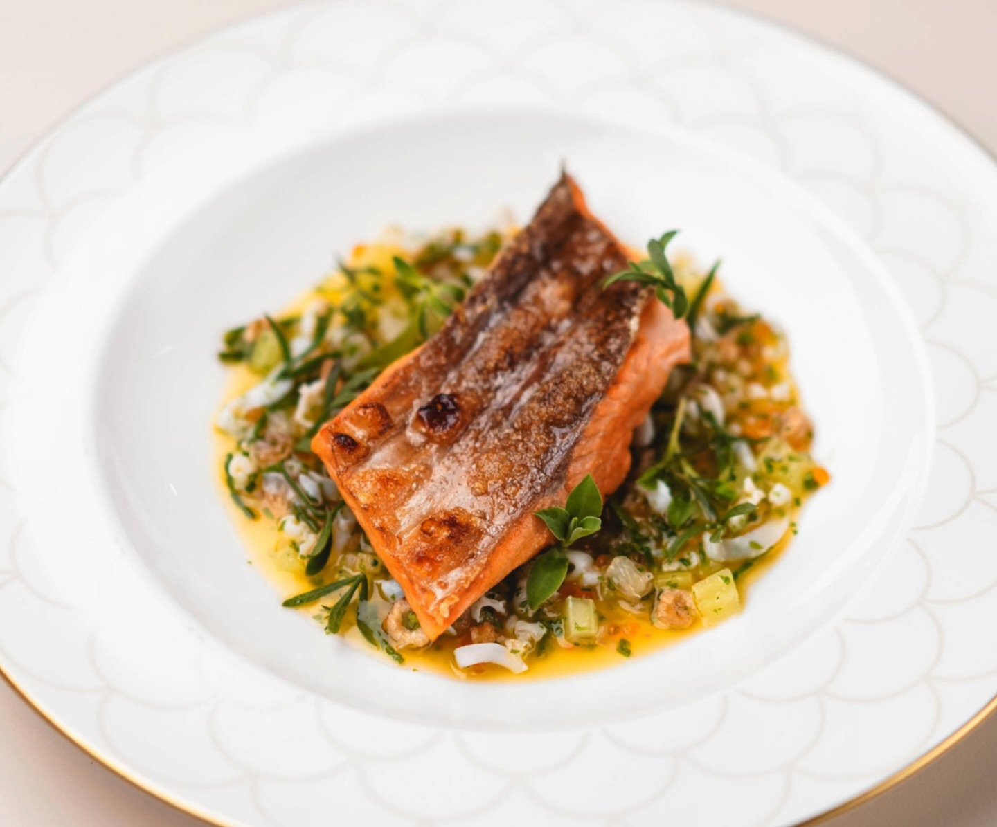 Grilled Scottish trout, fourteen-day aged, with Morecambe Bay shrimps, squid and lemon.
.
.
.
#Corenucopia #Chelsea #Luxury #Bistro @foodstorymedialtd