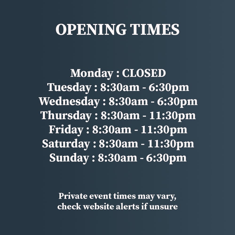Here are our opening times! If unsure about any timings or interested in hosting your own private event, feel free to message Wendy at wendy@howlingowl.co.uk.