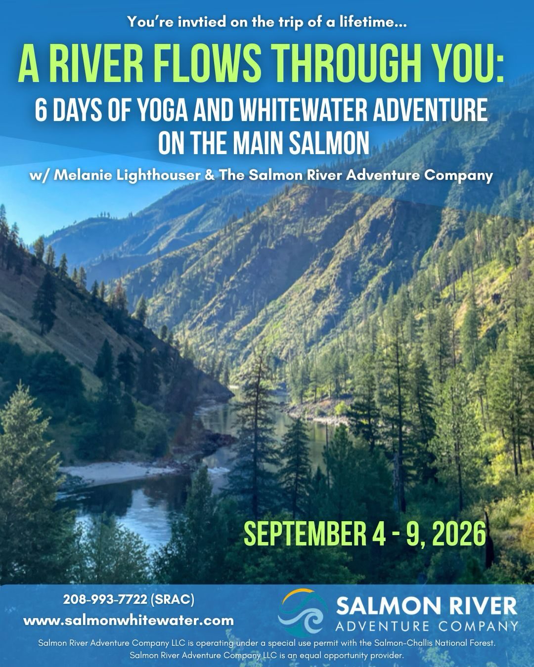 Early bird Savings Alert 🚨!!!
Grab your spot for our incredible Main Salmon River adventure before March 1st and save 15% with code: Earlybird2026
Enjoy::
💥6 days, 5 nights on the beautiful Main Salmon in Idaho
💥Morning and Evening yoga w/ Melanie to nurture your body/mind/spirit ✨
💥Delicious food!
💥All gear provided!
💥Incredible staff and community!
For all the details visit @salmonriveradventure or click the link from Melanie’s homepage!
🚨ALERT! Salmon River website is currently having issues! If you’d like to book please email Polly@salmonwhitewater.com
#riveradventure #outdoormagic #kayaking #rafting #vacation