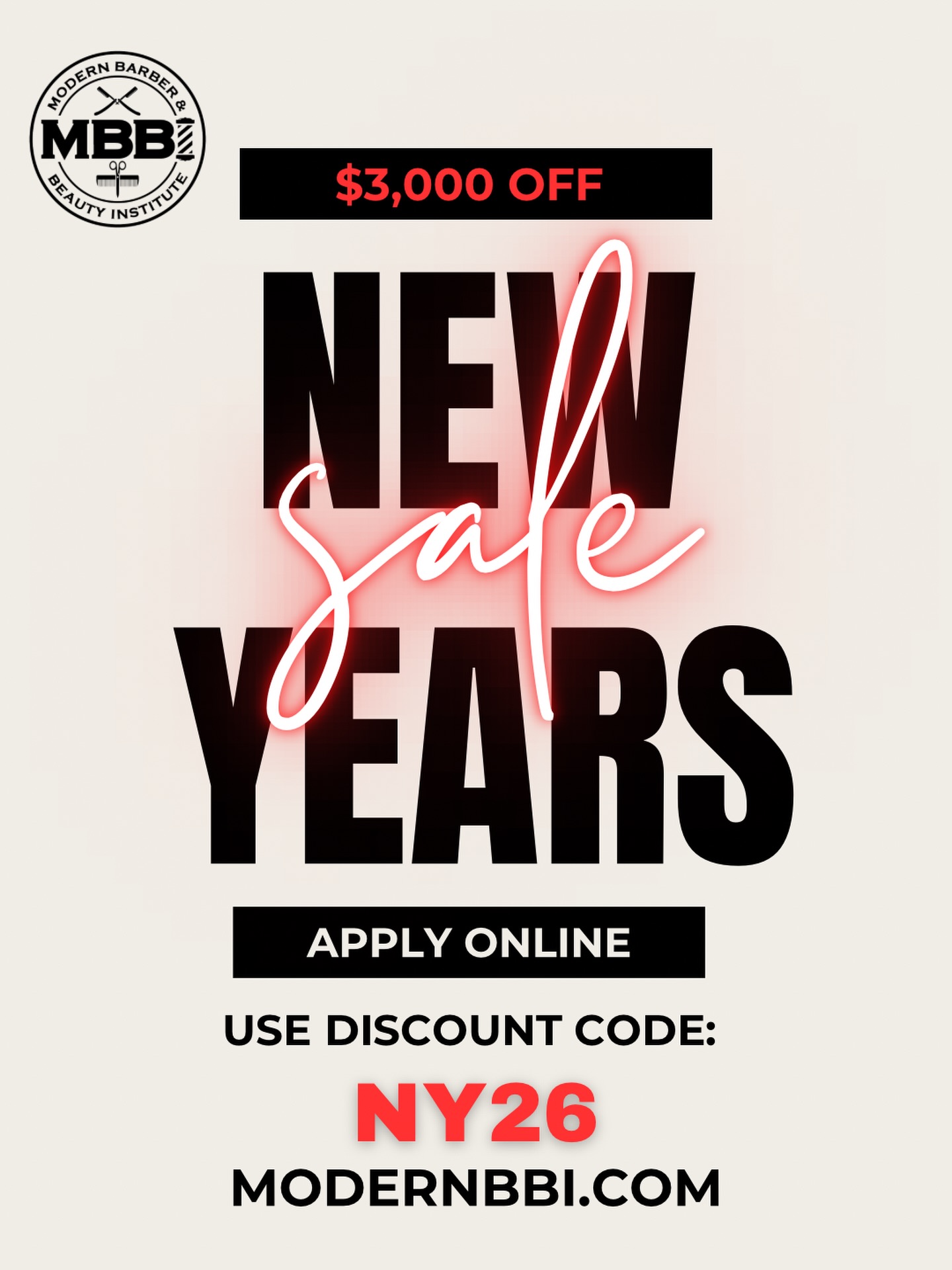 🚨$3,000 OFF NEW YEAR’S SALE🚨
USE DISCOUNT CODE: 𝙽𝚈𝟸𝟼
APPLY ONLINE: 𝙼𝙾𝙳𝙴𝚁𝙽𝙱𝙱𝙸.𝙲𝙾𝙼
Ready to start your Career?
Schedule a tour online or give us a call!
VISIT: Modernbbi.com
CALL: (979) 704-3033
LOCATED: 425 Northpoint Crossing Suite 500, College Station, TX 77840
Service Hours: Tue - Thur 12pm-5pm
Student Hours: Tue - Thur 8am-6pm
Closed: Fri-Mon
#barberschool #cosmotologyschool #student #hair #color hairdye wax barber cosmetology beauty school texas collegestation bryan bryancollegestation