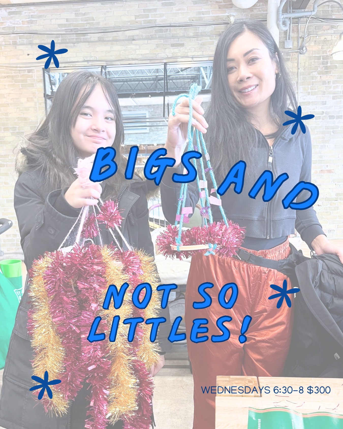 Looking for a class for you and your kid, niece/nephew/nibling, grandkid or another child in your life to take together? Look no further! We’ve got Bigs and Not So Littles (a take on Bigs and Littles, our class for adults and a preschooler)
In this 10 week long course you’ll learn how to make art in a tandem setting with your 6-12 year old. We’ll cover a wide array of media from a contemporary art perspective. Classes are on Wednesdays 6:30-8 and
one registration covers a grown up and child.