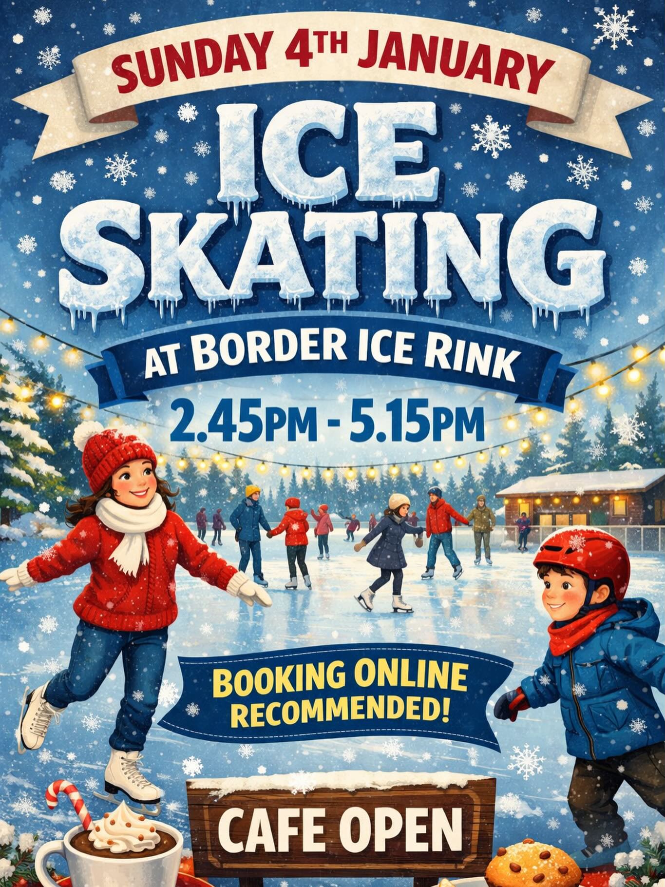 ❄️ Ice Skating at Border Ice Rink ⛸️
📅 Sunday 4th January
🕒 2.45pm – 5.15pm
Enjoy a fun afternoon on the ice for all ages!
🎟️ Booking online recommended
☕ Café open for drinks and snacks
Wrap up warm and join us on the ice! ❄️⛸️