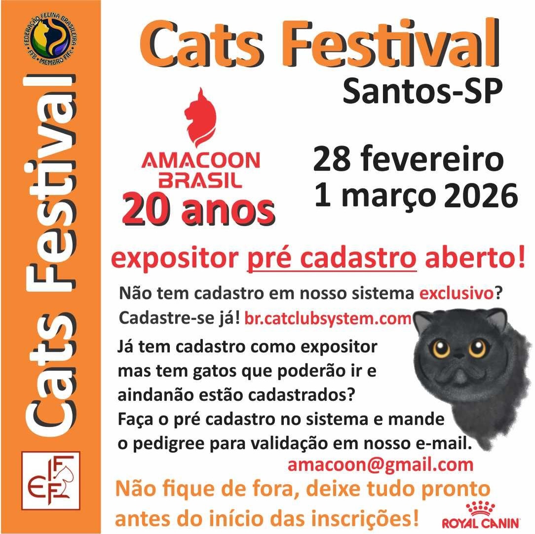 FELIZ ANO NOVO!!
Preparados para a maior exposição Amacoon Brasil de todos os tempos ????? 20 anos Amacoon!!!!!
Ebaaaaaaaaaaaaaaaaa !!!
Bora se preparar ? Nós começamos, e você?
Muitas surpresas como de praxe estarão por vir !
Segue a gente e vais ter spoilers homeopáticos 😁
3 C E R T I F I C A D O S FIFe
Ah, EXPOSITOR se pré cadastre para não ficar de fora ! Expo FIFe TOP ! a mais divertida !
#amogatos
#cats
#catsoftheday
#expogatos
#gatos
Nosso sistema EXCLUSIVO para expositores nas Expos:
Acesse: br.catclubsystem.com