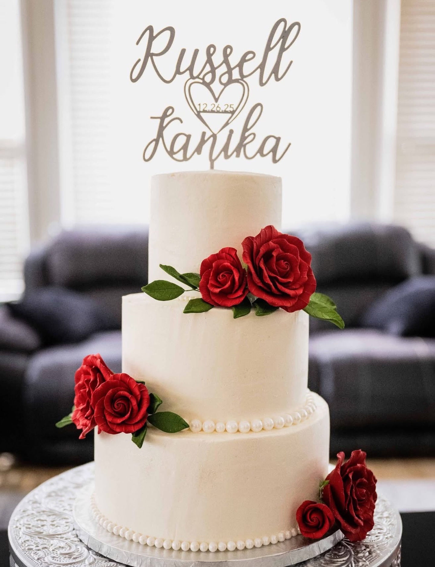 12/26 wedding cake. The finished results with topper. Congrats to this beautiful couple.