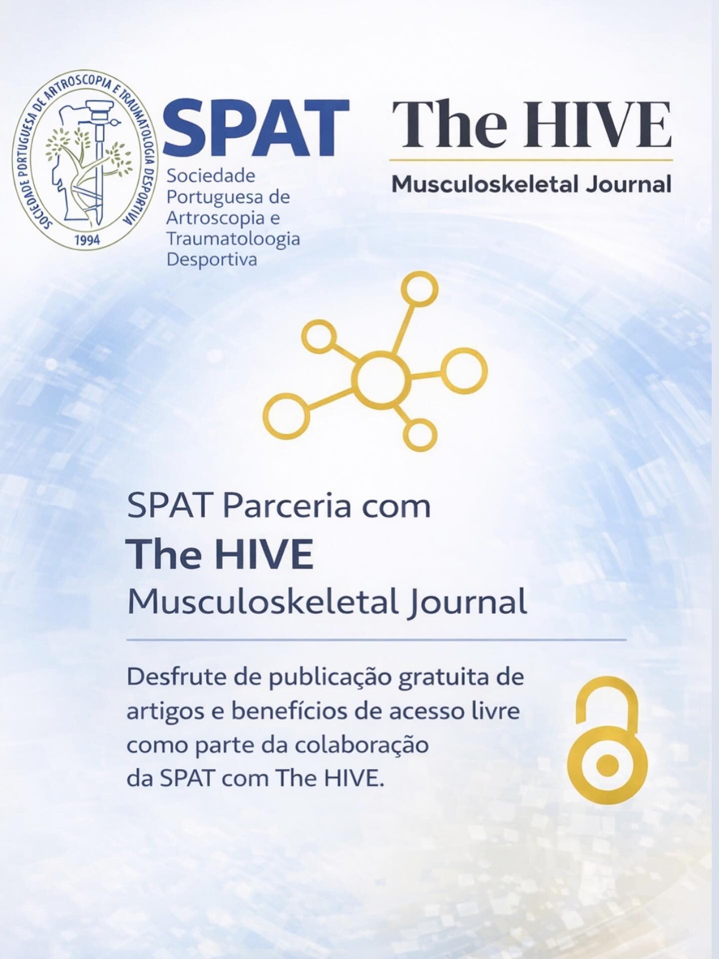 ✨ Novo ano, mais ciência ✨
A SPAT, em parceria com o The HIVE – Musculoskeletal Journal, incentiva a investigação e a publicação científica em artroscopia e traumatologia desportiva.
🔬 Open access
📖 Publicação gratuita para membros
🤝 Conhecimento sem barreiras
Este é o ano para transformar a prática clínica em ciência.
#SPAT #TheHIVE #InvestigaçãoCientífica #OpenAccess #Artroscopia TraumatologiaDesportiva