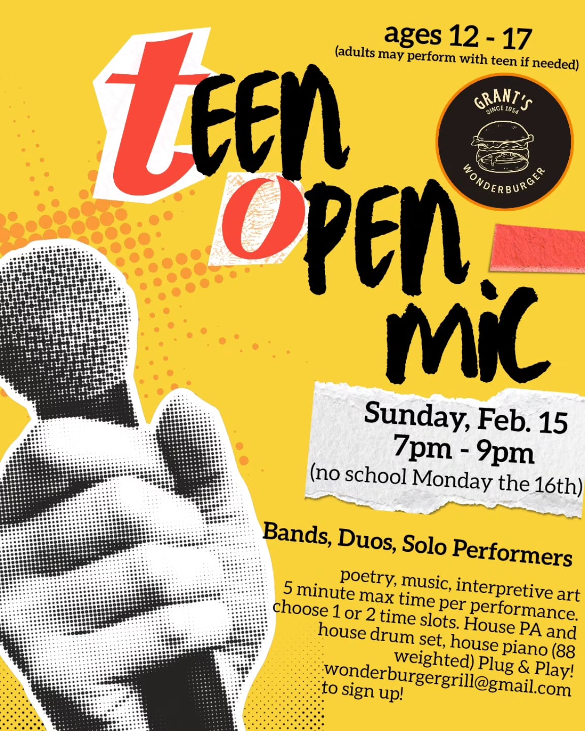 Calling all Teens who are into expressive arts! Bands, solos, duo's, all of the above! We are having a teen open mic night on February 15th from 7-9pm! Please email Wonderburgergrill@gmail.com to get on the list! Space is limited! No cussing and no hate ❤️