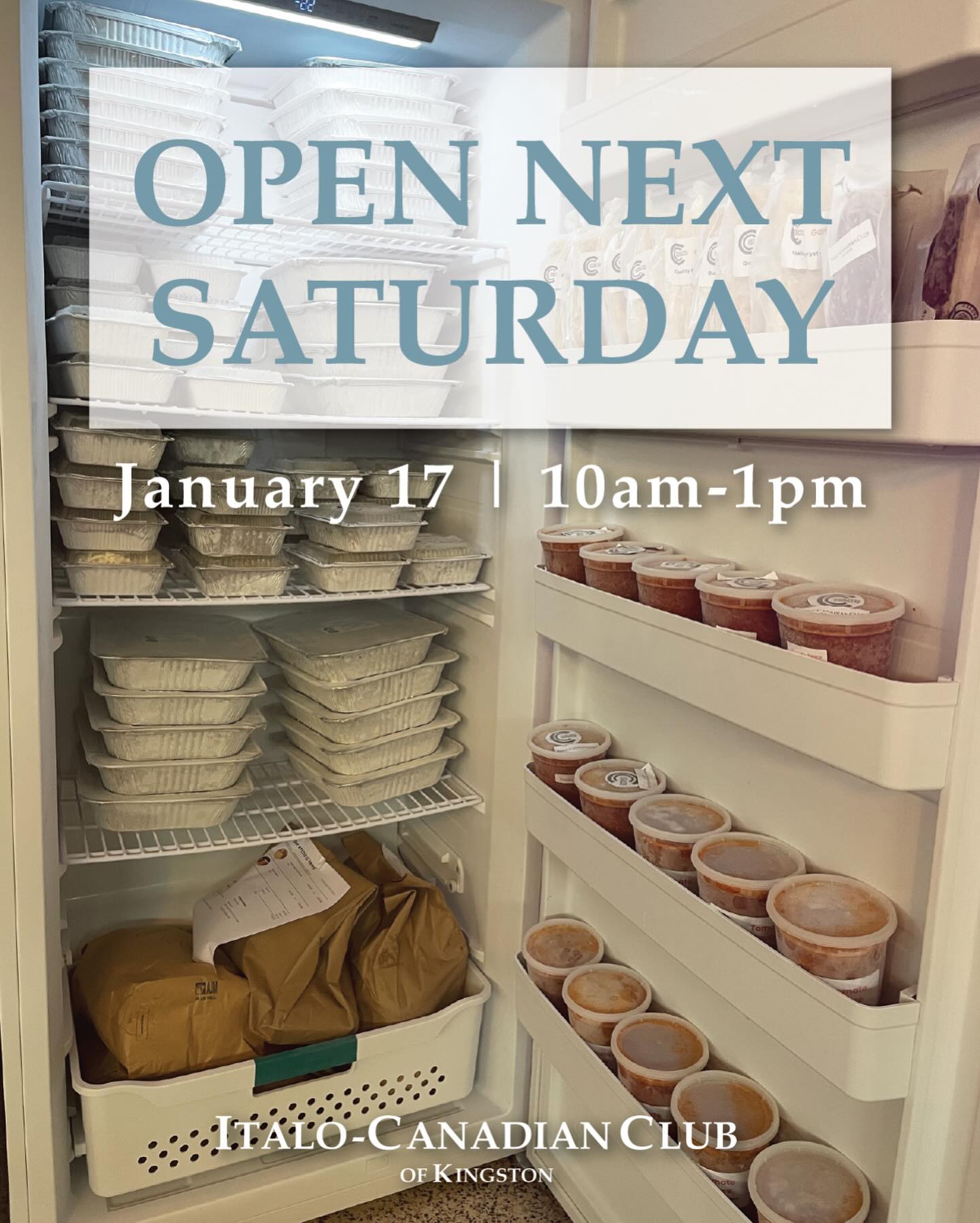 📣 Weekend shoppers—this one’s for you!
We’re opening the Italo-Canadian Club of Kingston for freezer food drop-ins/pick-up next Saturday, January 17th from 10am-1pm.
During our slower season, we are planning to open once / month on a Saturday for takeout pick-up and venue tours because we know not everyone can find the time to shop or stop in during the week.
Keep an eye out for future dates if you can’t make this one.
Looking for an event venue? Email us at bookings@icckingston.com to set up a venue tour appointment.
#takeoutpickup #venuetours #opensaturday