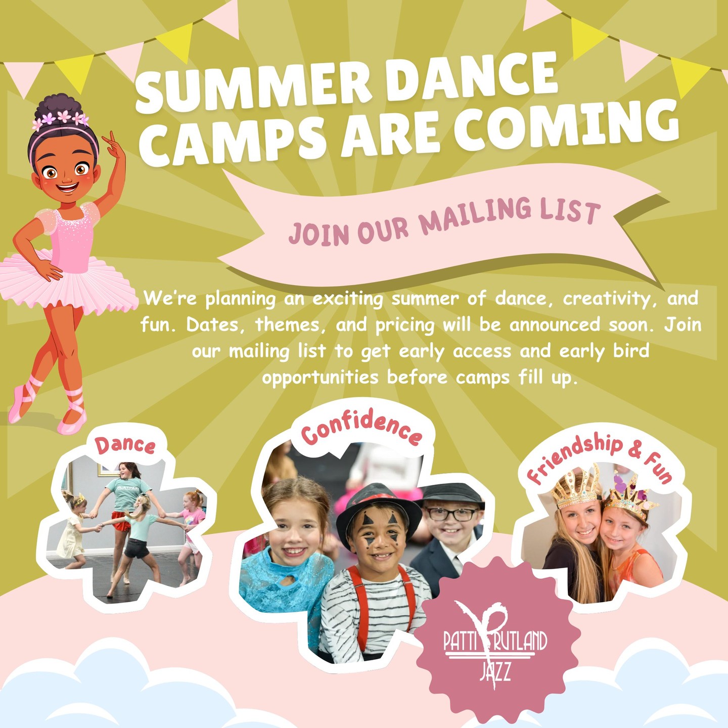 ☀️✨ Summer Camp Season Is Coming! ✨☀️
We’re getting ready to plan an incredible summer at Patti Rutland Jazz, and we want to make sure you’re the first to know what’s coming! Over the next few weeks, we’ll be choosing camp themes, dates, and pricing, and we’ll be offering early bird specials before spots fill up.
If you’re interested in our summer dance camps, this is the best way to stay in the loop and get priority access when registration opens. Summer camps are a wonderful way for kids to stay active, build confidence, make new friends, and explore creativity through dance in a fun, encouraging environment.
✨ Join our Summer Camp Interest List by clicking the link in out bio!
If your dancer is currently enrolled with us, there’s no need to fill out the form. You’ll automatically receive all summer camp emails.
Spots for camps tend to fill quickly, so this is a great way to be ready and take advantage of early bird pricing when it becomes available. We cannot wait to share what we’re planning and make this summer one to remember!
#PattiRutlandJazz #PRJ4Ever #SummerDanceCamp #DanceLife #DanceCommunity #SummerFun #DanceKids
