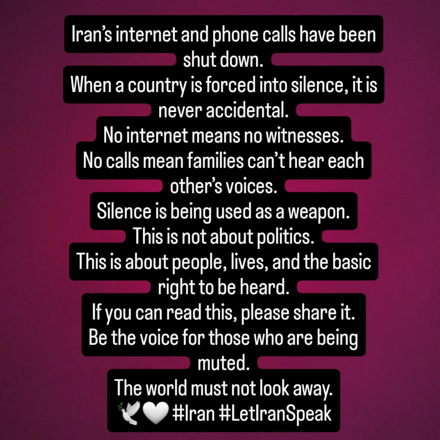 When the internet goes dark,
it’s because something doesn’t want to be seen.
Please don’t look away.
#Iran #IranProtests #LetIranSpeak #HumanRights #InternetShutdown