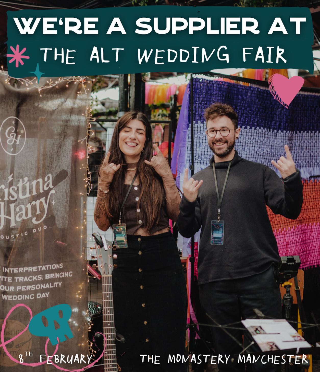 Welllll HELLL YEAAAAHH we’re back with @altweddingfair in Manchester on the 8th February! The first one we joined on a whim and let me tell you it exceeded our expectations… we’ll be performing twice throughout the day, so come say hey to us and make sure you stick around for our performances (performance times to be confirmed). Drop your song requests below! Photo by 📸 @altweddingco
#alternativeweddingsinger #alternative #weddingduo #acousticduo #alternativewedding