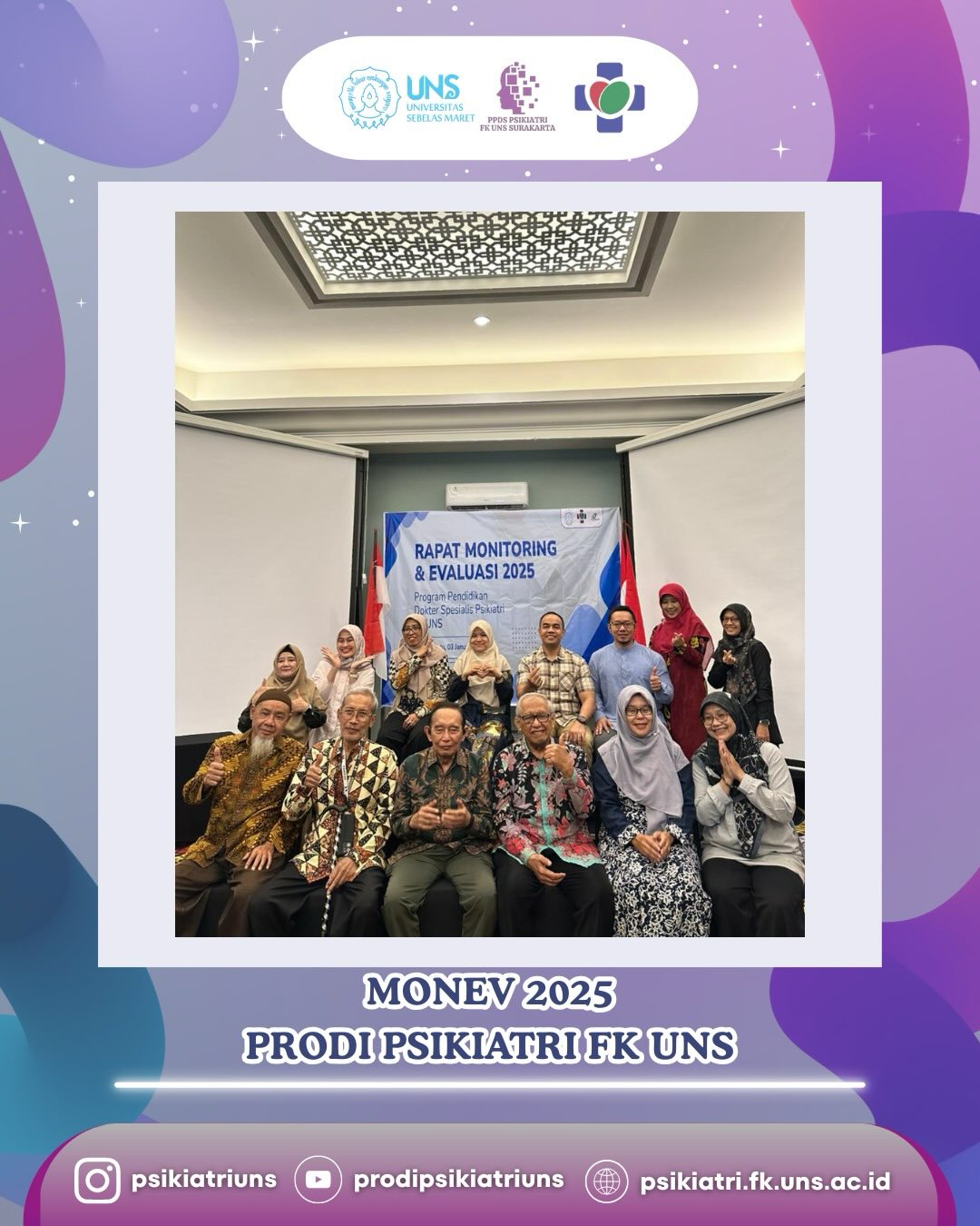 *Monitoring & Evaluasi PPDS Psikiatri FK UNS*
Sebagai bagian dari komitmen peningkatan mutu pendidikan, PPDS Psikiatri FK UNS melaksanakan kegiatan Monitoring dan Evaluasi (Monev). Kegiatan ini menjadi langkah reflektif untuk menilai proses pembelajaran, pembimbingan klinik, serta capaian kompetensi peserta didik.
Bersama, kami terus berbenah demi pendidikan psikiatri yang berkualitas dan berkelanjutan