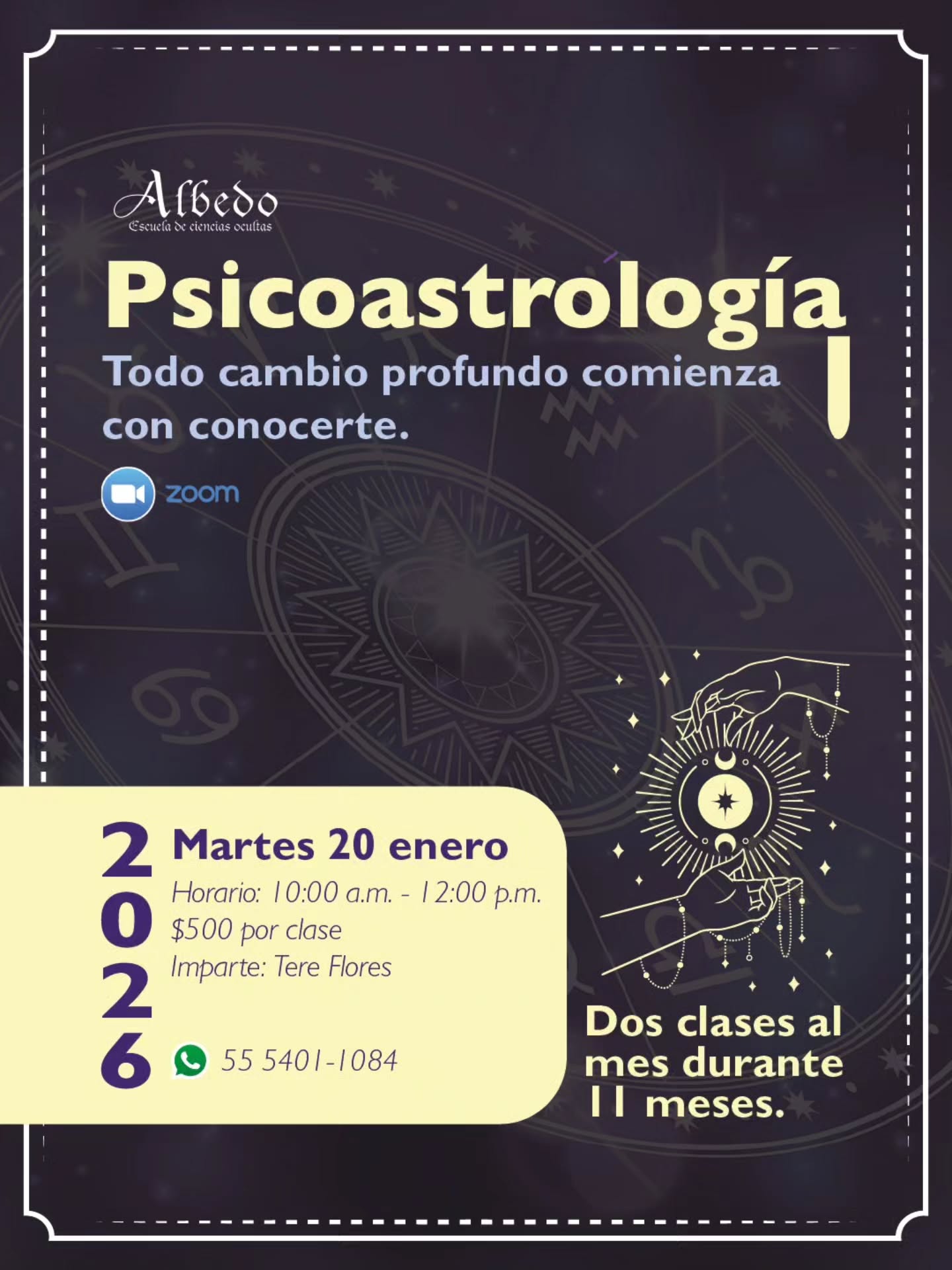 La Psicoastrología sirve para entenderte mejor y ponerle palabras a lo que sientes.
Vamos a trabajar con tu Carta Astral como una herramienta de autoconocimiento. Conoce las casas, los signos, mitología y más.
Al finalizar el curso, lograrás un autoconocimiento profundo de ti mismo, entender mejor quién eres, tus motivaciones, fortalezas y tus debilidades.
Identificarás patrones de pensamiento y comportamiento.
Reconocerás tus virtudes y talentos.
Iniciamos el 20 de enero
Clases online por Zoom
Dos clases al mes
$500 por clase
Si te interesa, comenta ✨
