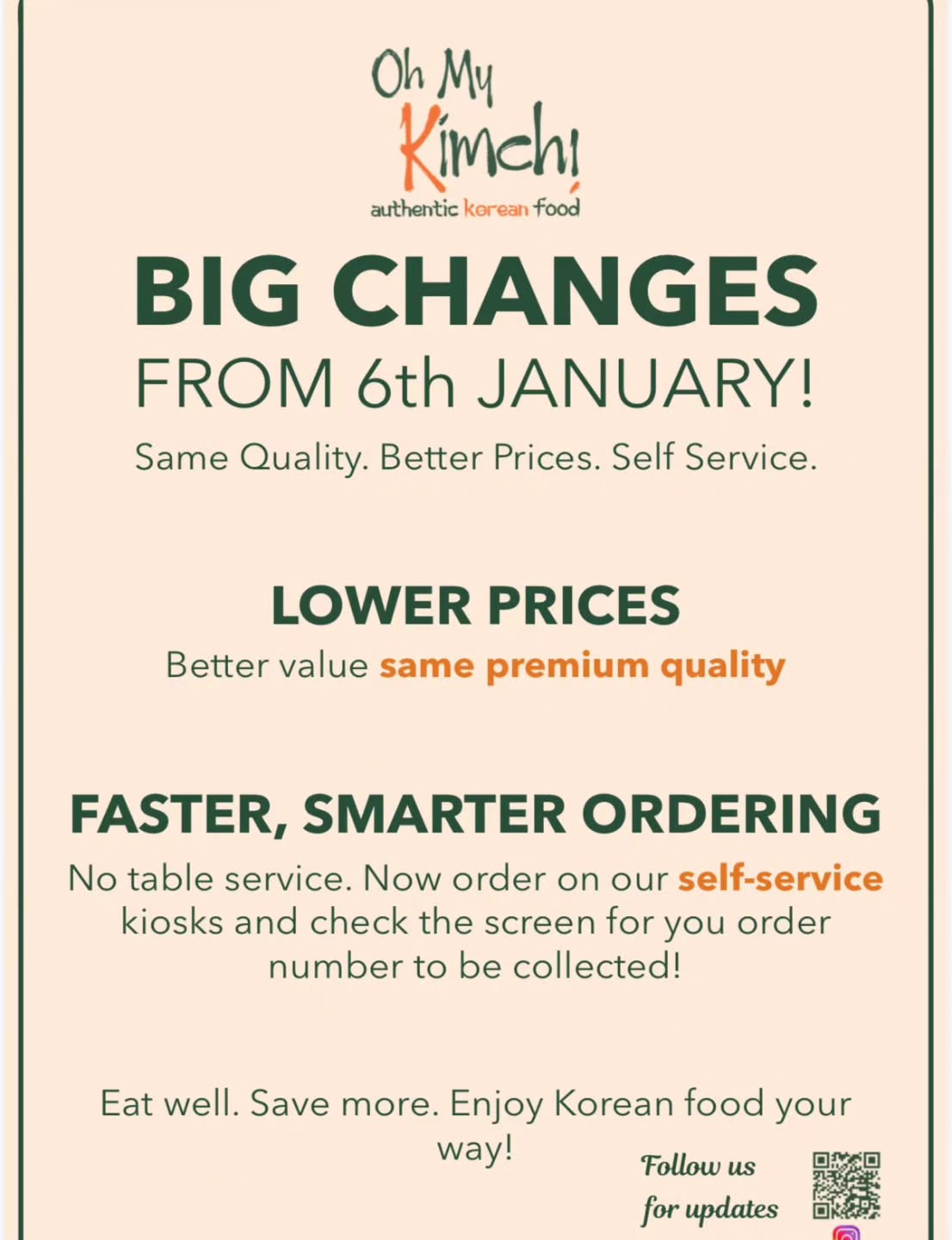We’re happy to announce lower prices with the same great quality OMK food!
Self-service orders only 😊
Please order at the kiosks, take your printed number, watch the screen, and collect your food when your number appears.
#ohmykimchiexeter #OMK #koreanfood #exeter #exeterfoodie