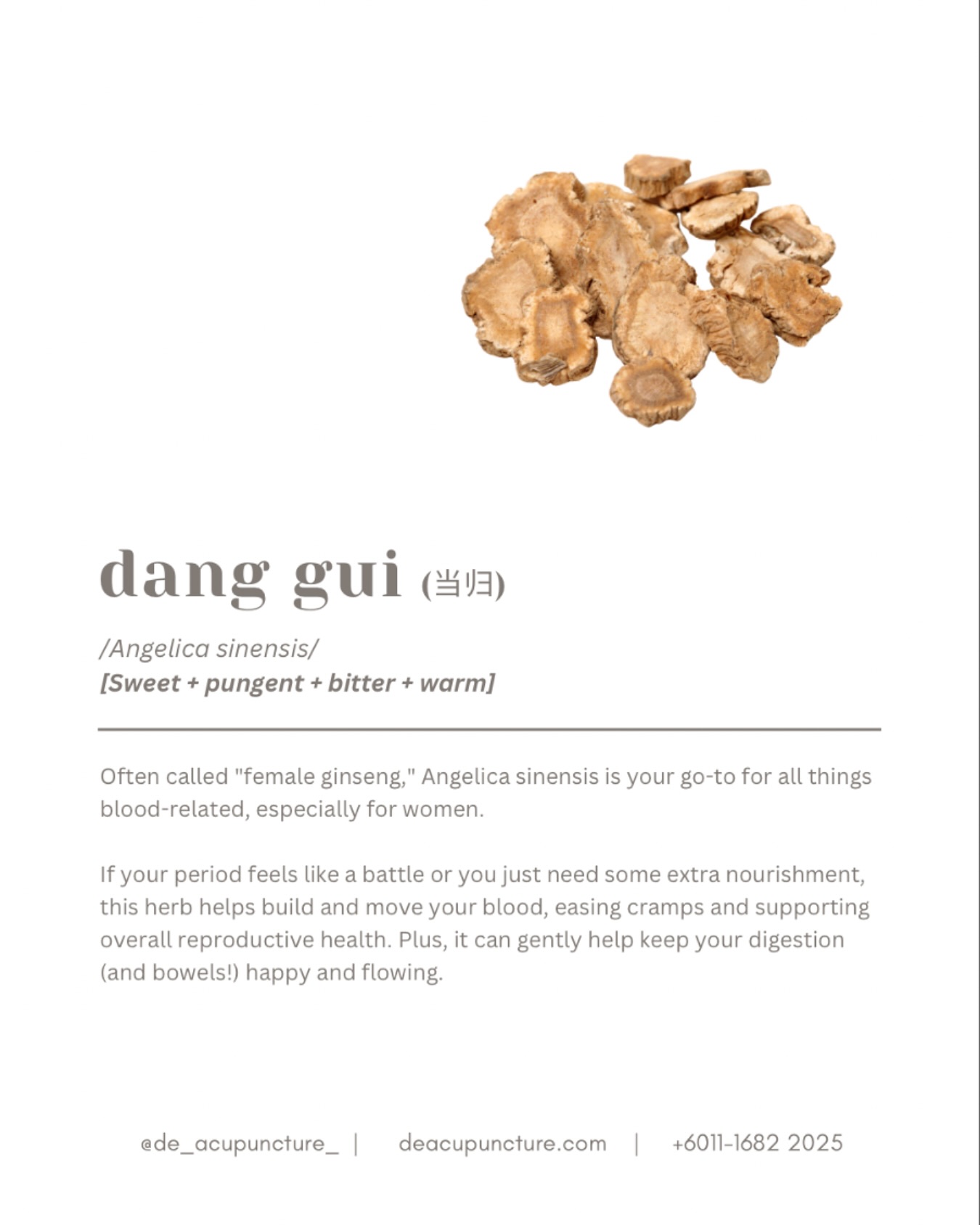 ❌ Stop Saying Period Pain is ‘Normal’—It’s NOT! 🤯
Tired of feeling lethargic and cranky every month? 😩 Sis, you need to meet Dang Gui (Chinese Angelica Root)!
It’s like the ultimate female-health BFF in TCM. We call it ‘Female Ginseng’ for a reason! It helps to nourish your blood, get your circulation vroom vroom 🚗💨 moving (say bye-bye to blood stasis!), and regulate your cycle lah. If your periods are painful 😫 or irregular, this herb is a game-changer.
⚠️ BUT—here’s the key part: While it’s amazing, TCM herbs aren’t one-size-fits-all. Using the wrong formula can actually make things worse! 😱
Have you ever tried Dong Quai and felt more heaty, or it didn’t work? Tell us in the comments! 👇
That’s why you need a customised formula. Don’t self-medicate! Consult our qualified TCM practitioners at 医心医意中医坊 De Acupuncture x Herbs Centre first. We’ll find the real root cause of your pain and tailor a treatment just for you.
Ready for pain-free months? Click the link in our bio to book your consultation today! 💖
#DangGui #TCM #ChineseHerbs #FemaleGinseng #WomensHealth #PeriodPain #PMS #MenstrualHealth #BloodTonic #SubangJaya #USJ #MalaysiaWellness #Acupuncture #NaturalRemedy #HerbalMedicine