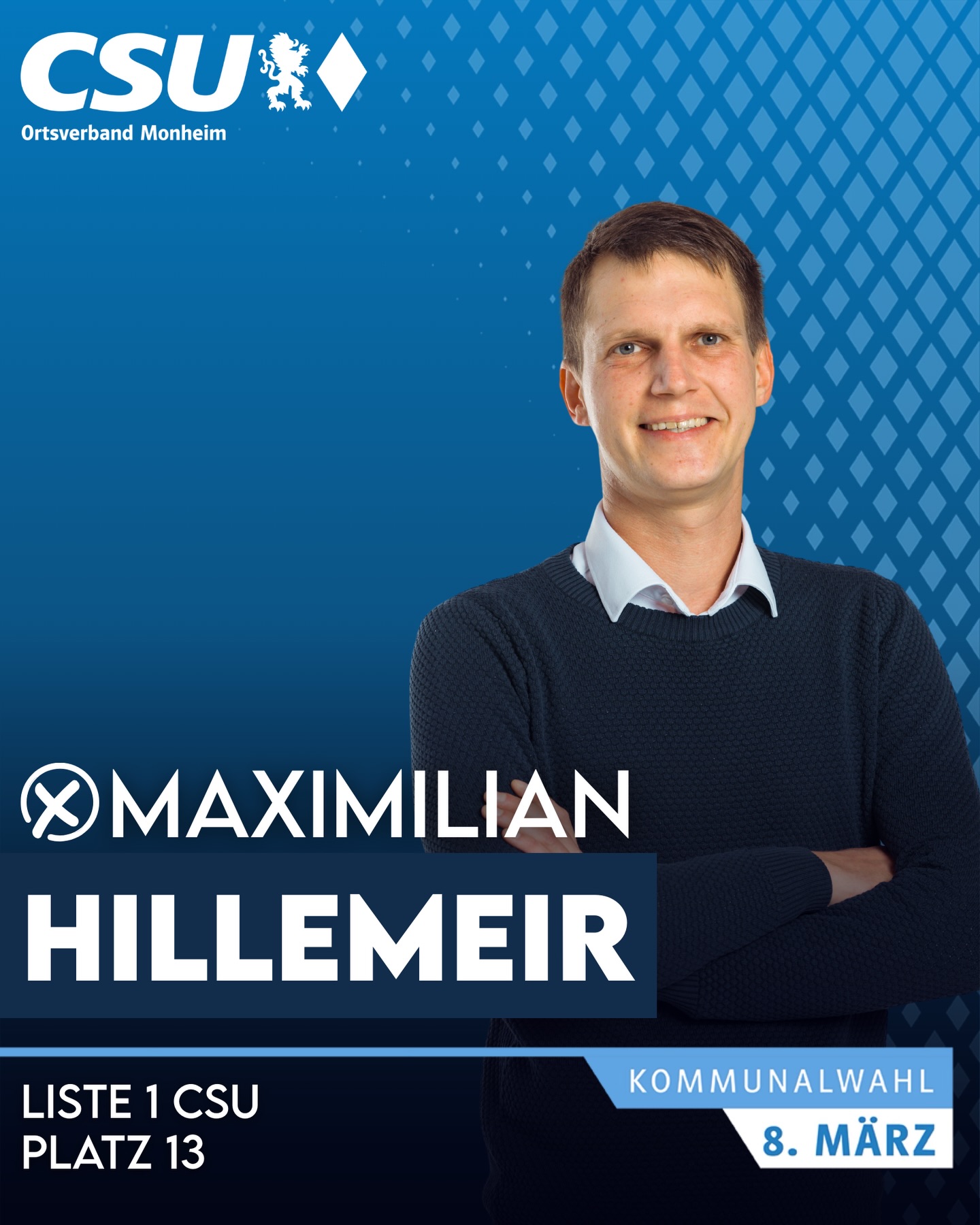 📣Wir stellen vor für den Stadtrat:
👤 Maximilian Hillemeir
🎂 34 Jahre | 👤 ledig
🏭 Geschäftsführer Betonwerk Hillemeir
🏡Monheim
🐝 Imkern
🗳 Kommunalwahl 8. März
➡️ Liste 1 CSU – Platz 13
#csu #monheim #bayern #stadtrat #kommunalwahl