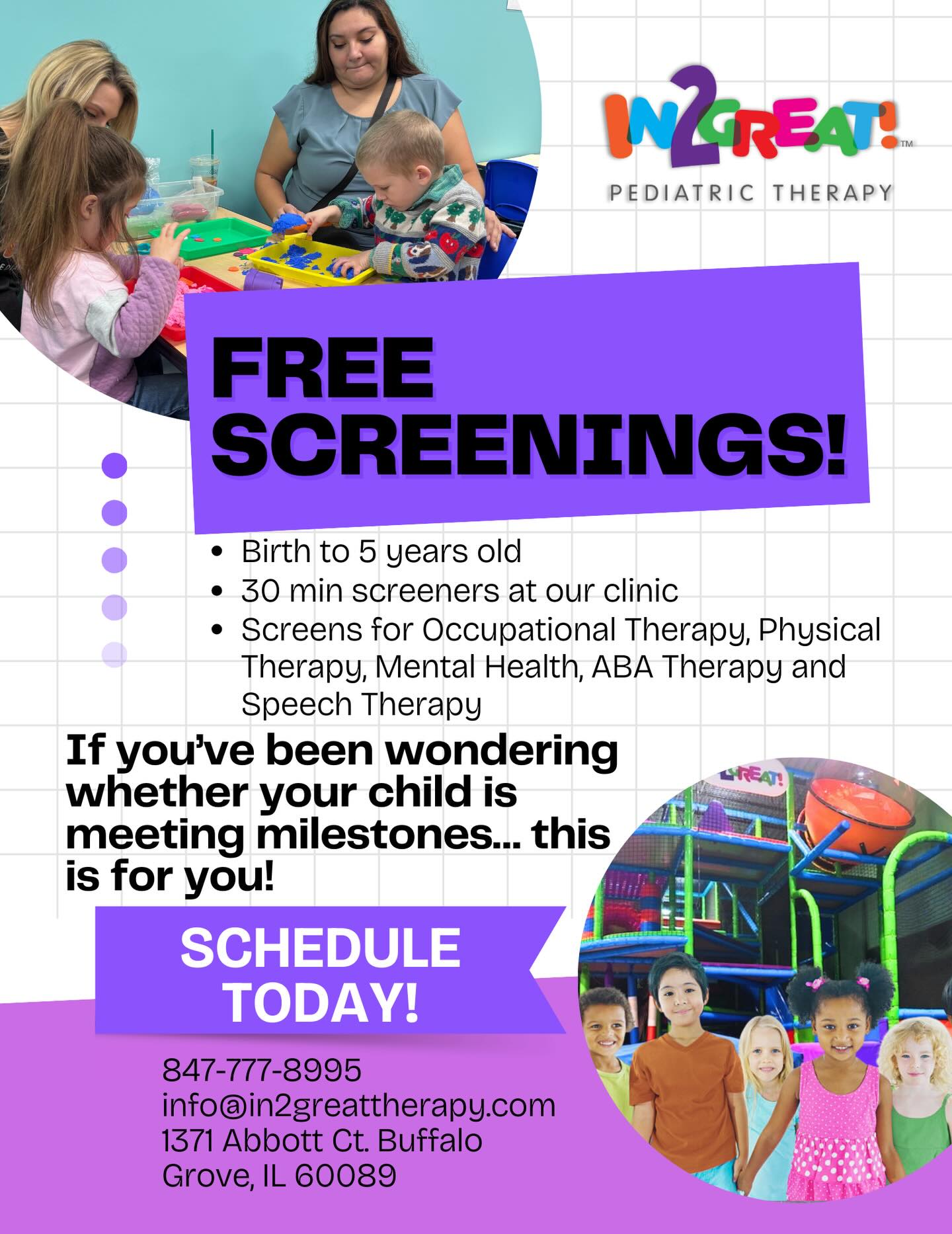 If you’ve been wondering whether your child is meeting their milestones — this is for you 🤍
In2Great Pediatric Therapy is now offering FREE 30-minute developmental screeners by appointment for children birth–5 years old.
Our team will screen for:
✨ Occupational Therapy
✨ Physical Therapy
✨ Speech Therapy
✨ Mental Health
✨ ABA Therapy
Early support makes a big difference. Call today to schedule your free screener!
📞 847-777-8995
Or visit our website!
#In2GreatPediatricTherapy #FreeScreenings #EarlyIntervention #MilestoneCheck