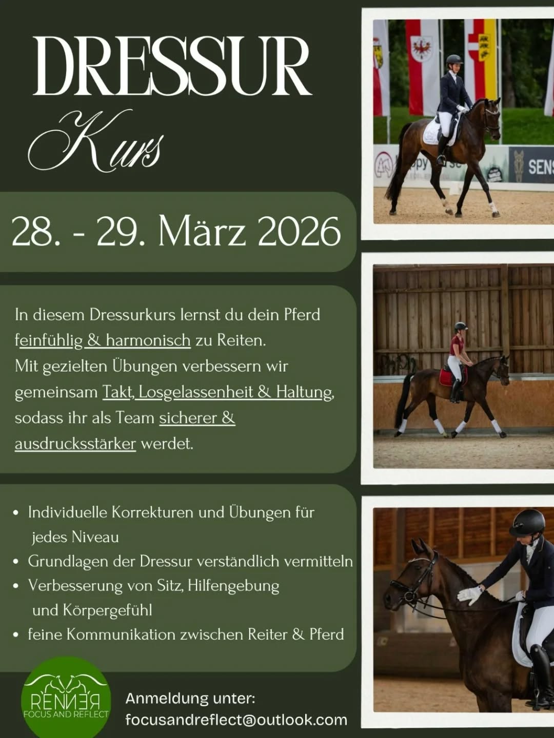 🐎 Dressurkurs | 28.–29. März 2026 🐎
Fein, harmonisch & mit Gefühl reiten ✨
In unserem Dressurkurs arbeiten wir gezielt an Takt, Losgelassenheit, Haltung und feiner Kommunikation zwischen dir und deinem Pferd.
Egal ob Einsteiger oder Fortgeschrittene – individuelle Korrekturen und Übungen holen jedes Reiter-Pferd-Paar dort ab, wo es steht. 🤍
📍 Ort:
Redingerstr. 23
94152 Neuhaus am Inn
Deutschland
📩 Anmeldung:
focusandreflect@outlook.com
Wir freuen uns auf euch! 🐴💫
#dressurkurs #dressur #pferdeliebe #reiten #feinesreiten