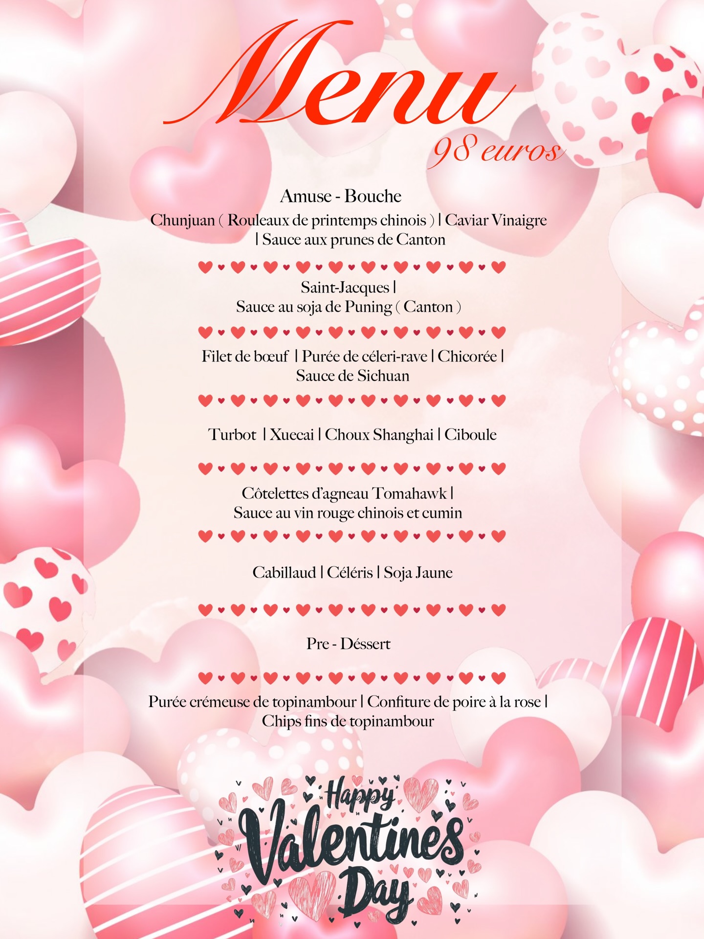 La carte de Saint Valentin 💘💕💖
💖 La Saint-Valentin approche… et l’amour se savoure à table 💖
Pour cette soirée unique, laissez-vous emporter par un menu d’exception mêlant finesse et inspirations chinoises ❤️🇨🇳
Une expérience gastronomique pensée pour partager, vibrer et célébrer l’amour ✨
🌹 Les places sont limitées – pensez à réserver dès maintenant pour garantir votre table et vivre une Saint-Valentin inoubliable.
📞 Réservations ouvertes dès aujourd’hui ❣️
💻 www.bistrowu.com
💘🍷✨
#saintvalentin #menusaintvalentin #dînerromantique #aixenprovence #20260214