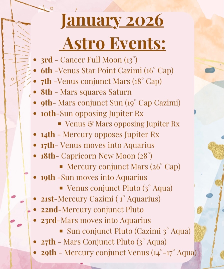 January asks us to move slowly, like Saturn’s watching 👀 intentional, sober, and quietly powerful. 🪐
Playing on the Cancer/Capricorn axis. How do we balance flow and direction, rest and discipline, the ephemeral and the enduring? The personal planets are all clustered up, creating a unified and congruent process between mind (Mercury), heart (Venus) and body (Mars). 2026 has arrived, ready or not! 🤍✨