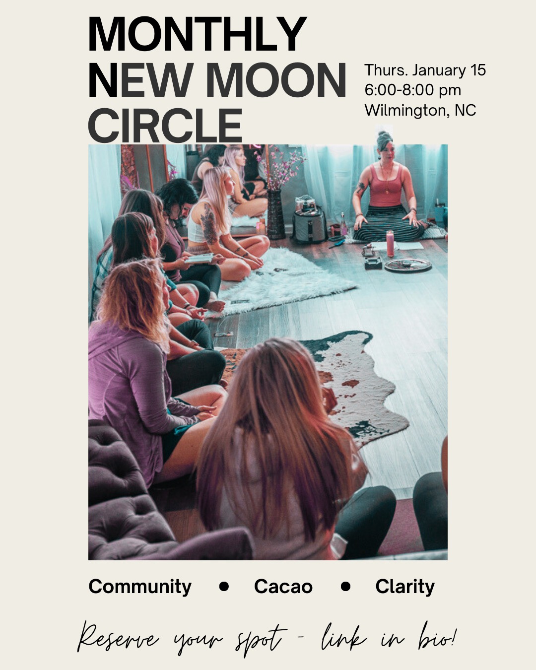 I have always loved the new moon for its quiet energy. It’s a peaceful time each month. The slate is blank, and there’s space to begin again – gently and intentionally, moving in rhythm with the natural cycles around us. 🌊
This monthly new moon circle is rooted in community. A place to gather, reflect, and set intentions for the month ahead, together.
If you want it to be, this can become a space for:
✨ gentle accountability over time
✨ steady, sustainable personal growth
✨ meaningful conversations
✨ meeting new friends and reconnecting with familiar faces
There’s nothing you need to prepare or bring with you. No experience required. Just a willingness to pause, reflect, and show up for yourself in a supportive space. 🤍
If you’ve been craving connection, grounding, or a consistent place to check in with yourself as the year unfolds, I’d love to welcome you.
✨ 2-for-1 tickets are available now — bring a friend, or come meet new ones.
📍 January 15
🔗 Details + tickets at the link in my bio
Let this be a calm, intentional way to begin the month — and maybe the year — together.
#wilmingtonncevents #newmooncircle #cacaoceremony