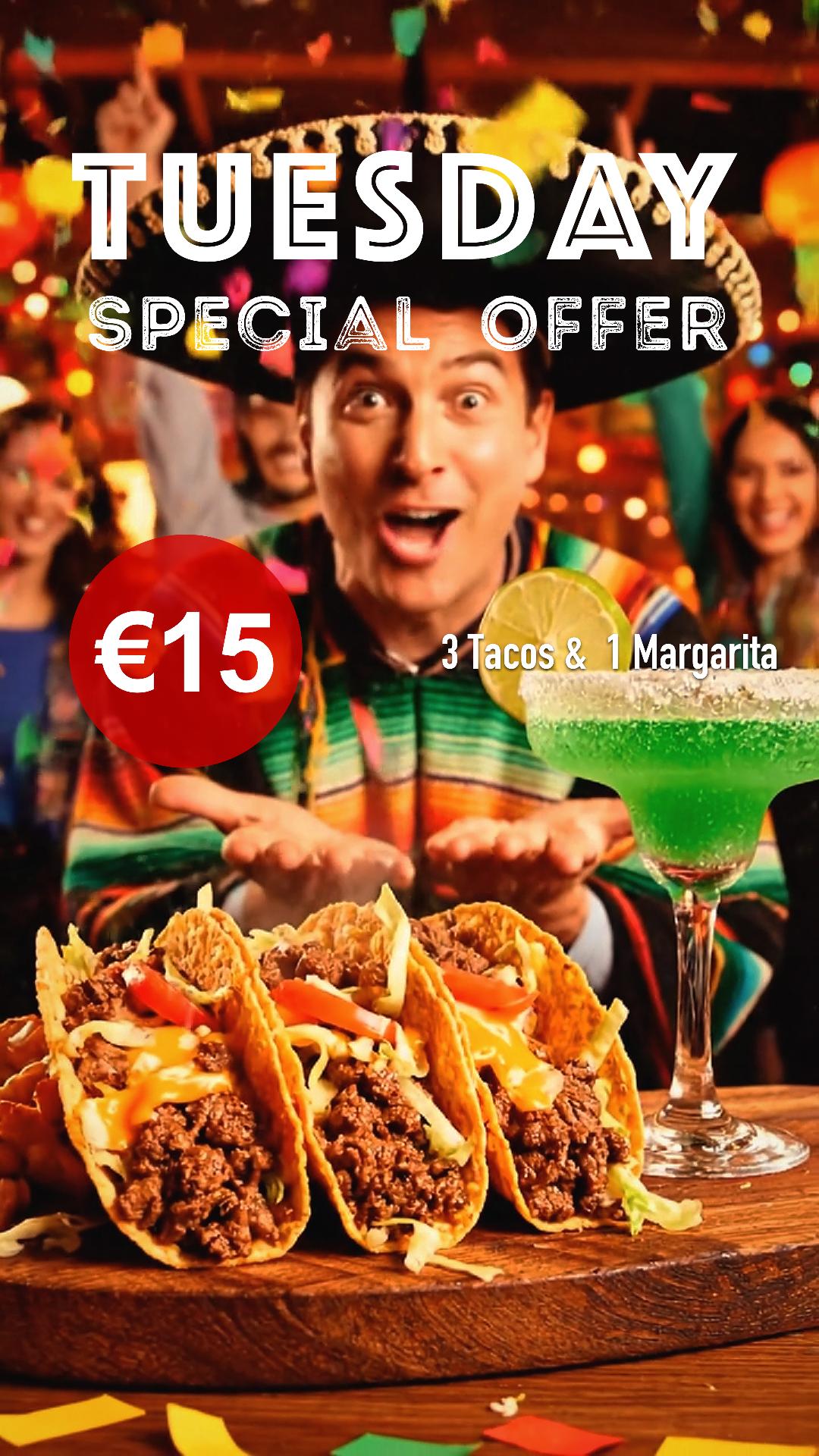 Get ready for the crazy Taco Tuesday ever!!!🌮🌮🌮
3 Tacos + 1 Margarita for just €15!!!