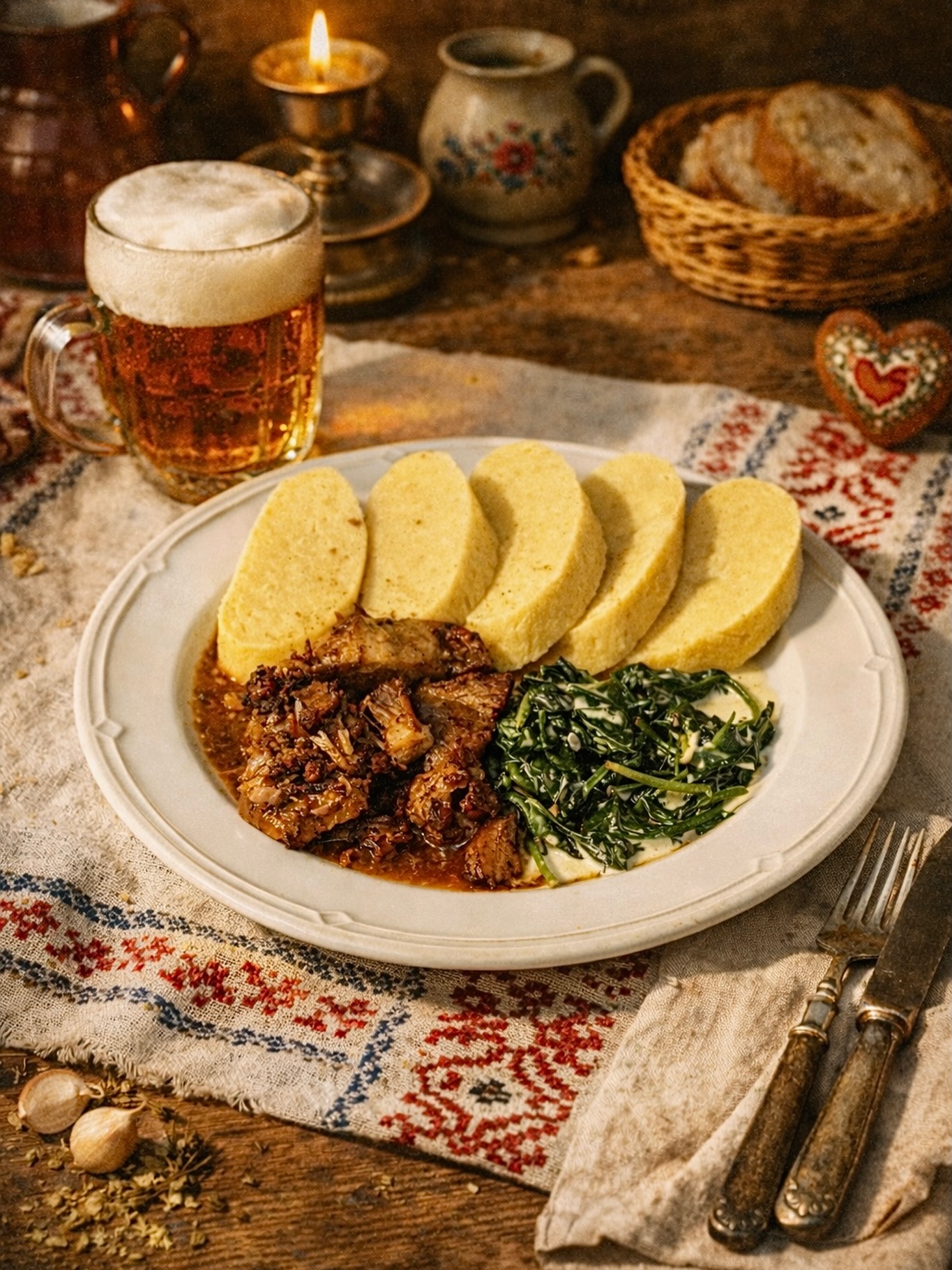 🇨🇿🐷 MORAVSKÝ VRABEC – „Mährische Spatzen“
Mahlzeit! In Mähren liebt man’s deftig: geschmorte Schweinsbratenwürfel, auf Basis von dunklem Bier angesetzt, bis alles saftig, würzig und tief im Aroma ist. Dazu cremiger Blattspinat und böhmische Erdäpfelknödel – ein Teller, der nach Wirtshausklassik und Winterwärme schmeckt.
Noch bis 22 Jänner bei unseren Böhmischen Wochen zu finden 😋