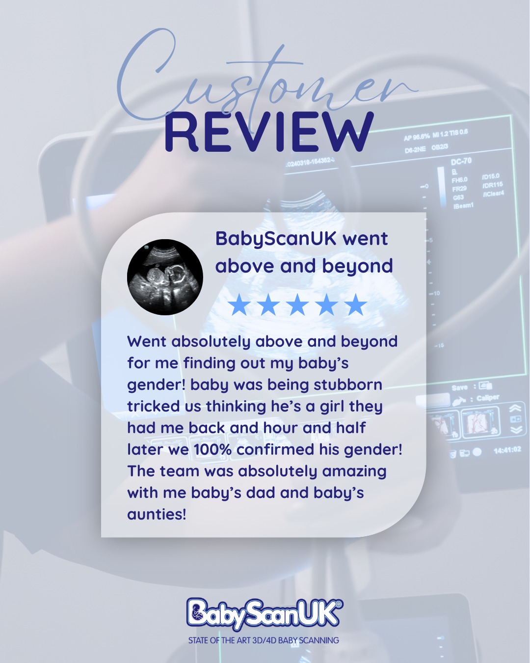 Another amazing review from our customers💙
⭐⭐⭐⭐⭐ “BabyScanUK went above and beyond for me!”
Book in your scan today, and see your little one on our big screens!
Book via the 🔗 on our profile💫
📍Nelson
#babyscanuk #genderreveal #genderscan #secondtrimester #4dultrasound