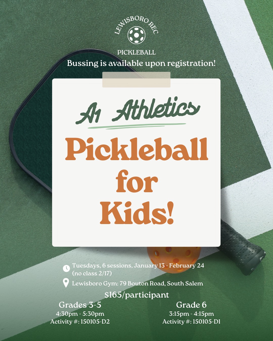 Grades 3-6 can now join A1 Athletics to learn the game of pickleball! Serve, volley, and rally your way to fun! Kids will learn the basics of Pickleball, including serving, scoring, and teamwork in a playful, supportive environment. Perfect for first-time players, this class boosts coordination, confidence, and hand-eye skills while making new friends. Bussing is available upon registration from KLSD elementary schools & JJMS.