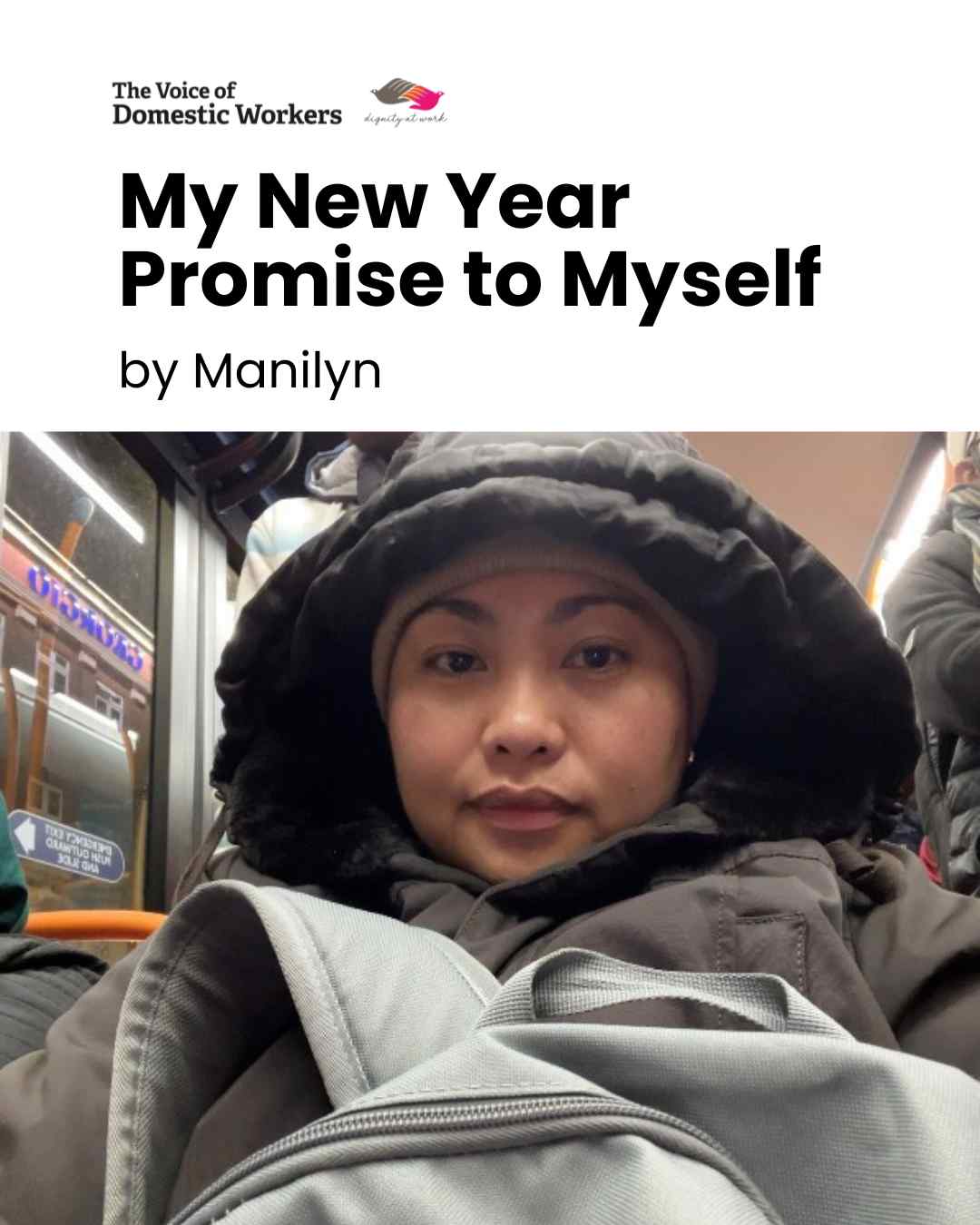 In her powerful reflection, Manilyn shares her promise to embrace self-worth, courage, and hope as she steps boldly into the new year. Her story reminds us that making a promise to ourselves is the first step toward change, growth, and inner peace. Let’s honor our journeys and keep our promises!
Read Manilyn’s inspiring message and be motivated to make your own promise this year:
https://www.rfr.bz/i60c9b5
#VODW #Inspiration #DomesticWorkers #NewYearPromise #Strength #SelfLove #Hope #TheVoiceOfDomesticWorkers