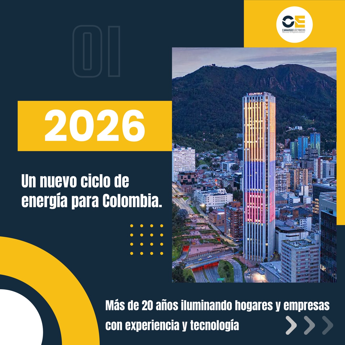 2026: un nuevo ciclo de energía para Colombia 🇨🇴 ⭐️
+ De dos décadas de experiencia no se improvisan. Son años de conocer cada rincón de la red eléctrica nacional, superando retos y evolucionando junto a la industria.
En @camargoelectricos no solo miramos el camino recorrido, miramos hacia donde vamos. Este 2026 nuestra meta es clara: iluminar el futuro reduciendo la huella de carbono.
Queremos ser tu aliado estratégico para integrar soluciones de ingeniería verde y consultoría especializada, asegurando que tu empresa no solo sea eficiente, sino responsable con el planeta.
#camargoelectricos #ingeneriaelectrica #colombia2026 #energiarenovable #sostenibilidad