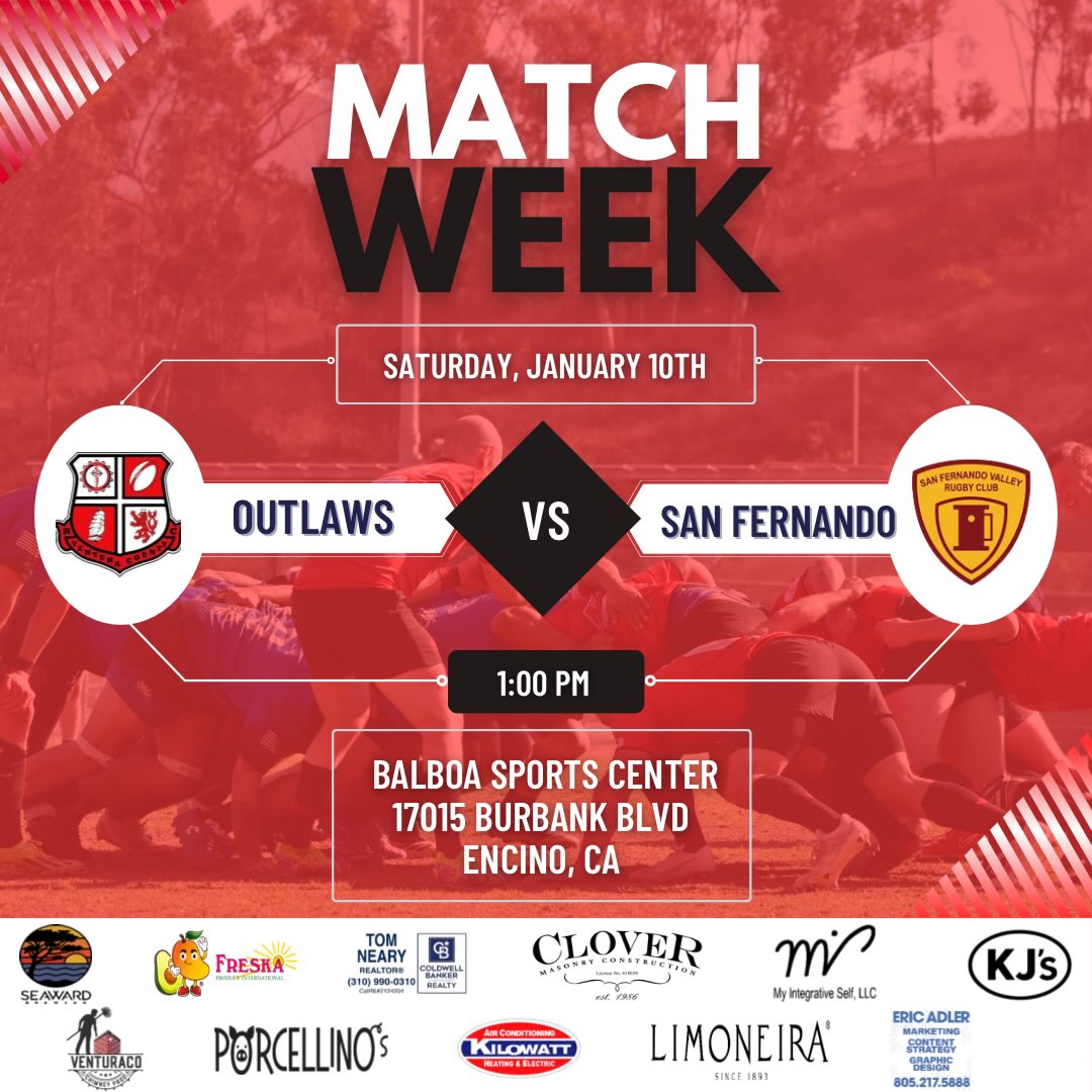 Season opener. Rivalry renewed.
The Ventura County Outlaws hit the road to open the 2026 season against San Fernando Rugby.
🗓 Saturday, January 10th
⏰ 1:00 PM
📍 Balboa Sports Center
