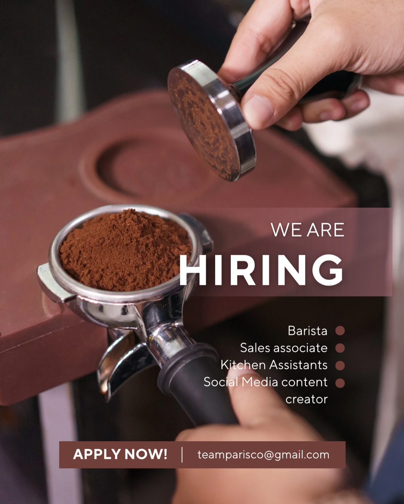 Join our team in Tamuning! We are looking for motivated individuals that have a love for coffee and dessert! Send in your resume to teamparisco@gmail.com today! 💗