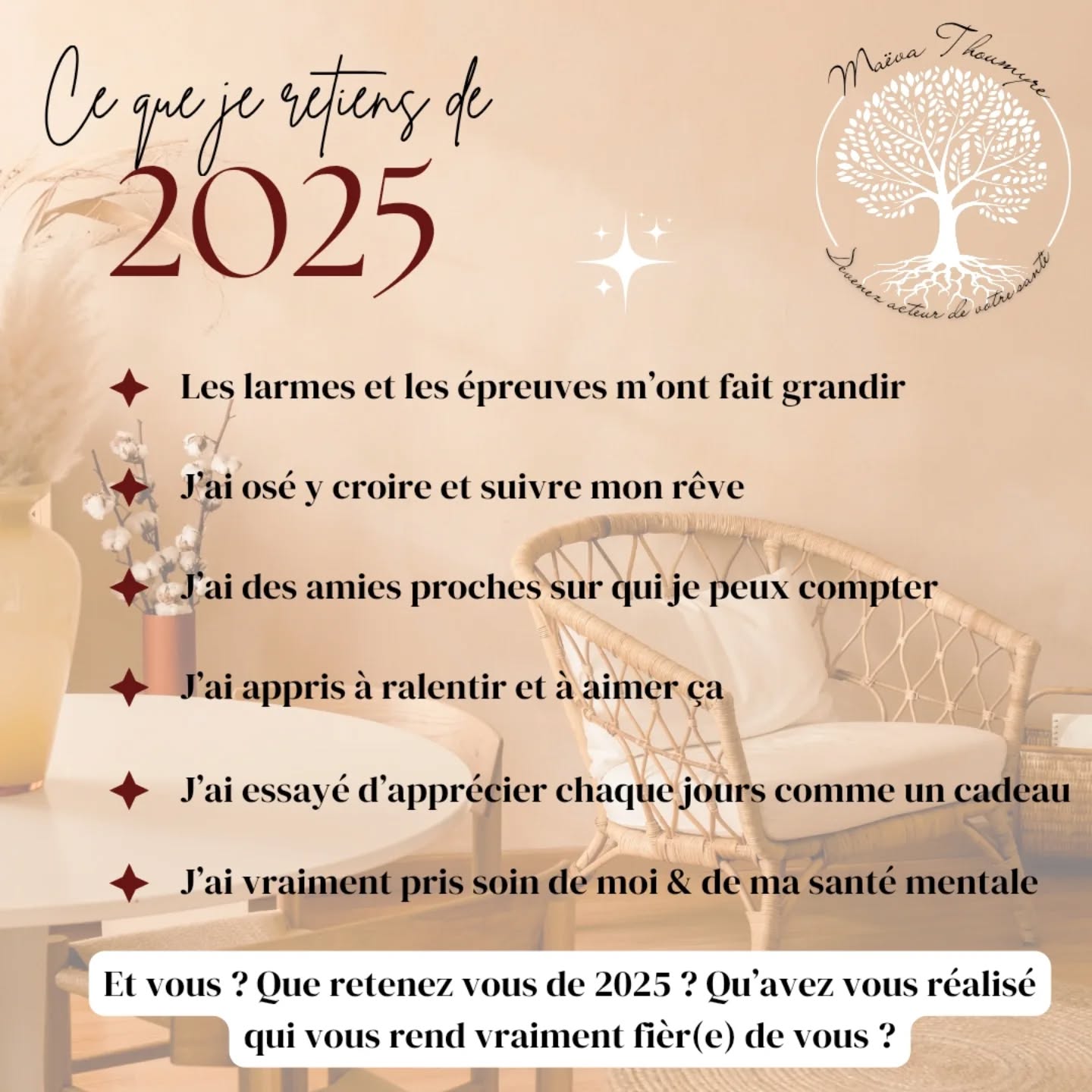 Ce n'est pas un bilan de l'année écoulé mais plutôt un petit récapitulatif de ces choses qui m'ont rendus fières 💪.
J'ai obtenu mon certificat de Naturopathe vitaliste après 4 années d'études 🎉, j'ai retrouvé mes proches après les avoirs un peu délaissé en raison des études, j'ai fait du tri dans mon cercle proche pour y laisser les personnes essentielles, j'ai aussi progressé en yoga #sirsasana , j'ai ouvert un nouveau cours de Biokinésie 💪, j'ai continué à me former et j'ai développé mon entreprise à mon rythme en accompagnant toujours plus de personnes en individuelles et en atelier de groupes 🥰.
Faire son bilan n'est pas qu'un effet de mode, c'est un exercice qui permet de faire une rétrospective de toute l'année écoulée et de voir que finalement tout n'a pas été noir ou blanc, que des moments difficiles ont aussi laissés la place à des moments plus paisibles.
Bien sûr certaines années sont plus tristes que d'autres mais malgré toute la tristesse, la peine que l'on peut ressentir rien n'est immuable et tout est mouvement. Il y a toujours de beaux souvenirs à garder en tête. Je ne dis pas qu'il ne doit pas y avoir de tristesse, c'est une émotion nécessaire, mais les larmes 🥲 peuvent aussi parfois se mêler au rire.
Que ce soit au niveau personnel ou professionnel 2025 n'aura pas été de tout repos loin de là 😢🤯 mais je préfère garder en mémoire ces belles choses, ces beaux moments qui me permettront de faire de 2026 une année encore plus belle 🤗.
Prenez soin de vous 😘!
#bilan2025 #fierté2025 #naturopathedeuxsevres