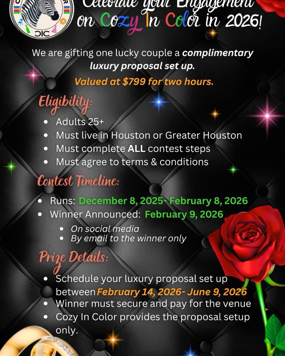 Cozy In Color is giving away one Complimentary Luxury Proposal Setup to one lucky couple! 💍❤️
If you or someone you love is planning to pop the question soon, this is the perfect chance to make the moment unforgettable.
This exclusive package includes a beautiful luxury proposal set up curated by Cozy In Color that will be photo-ready and have special touches fit for the winning couple and with a “YES” in mind!
💕 HOW TO ENTER:
How to Enter:
1. Kick things off by taking our "What Color Makes You Cozy?" quiz. Once that is submitted; you must
2. Follow Us on Facebook (Cozy In Color) or Instagram (@cozy_in_color_rentals).
3. While you are on our page (either Facebook or Instagram), "Like" the post associated with this Giveaway and drop us one line as to why you or someone you love deserves to win this Cozy In Color curated Complimentary Luxury Proposal set up!
4. Share this contest with a friend who also deserves this exclusive custom engagement setup (and have them complete these steps for consideration of the Win)!
5. Wait for the Winning Announcement on February 9, 2026 at 12:00 noon!
📍 Participants must be located in/near the Houston or Greater Houston area*
📅 Winner will be announced on February 9, 2026
💫 Proposal must be booked based on availability and between 2/14/26 and 6/9/26.
Good luck and we can’t wait to help create a magical “YES!” moment! 💍✨!!!
#shesaidyes #engaged #engagementringgoals #love #isaidyes