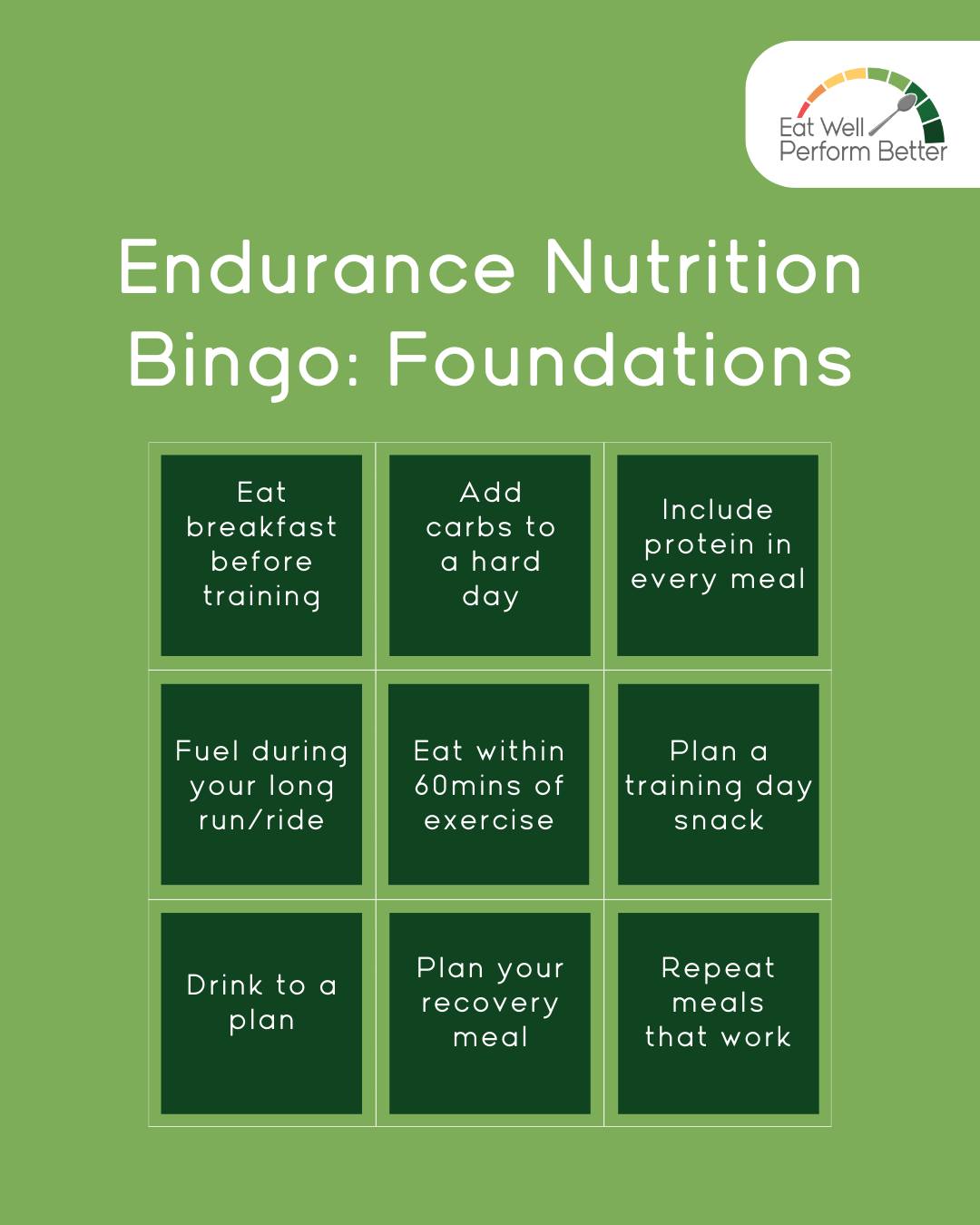 Small nutrition habits add up — especially in endurance training.
No need to hit every square. Aim for one line and build from there.
Save, screenshot and let me know which square feels hardest.
#marathontraining #londonmarathon #sportsnutrition