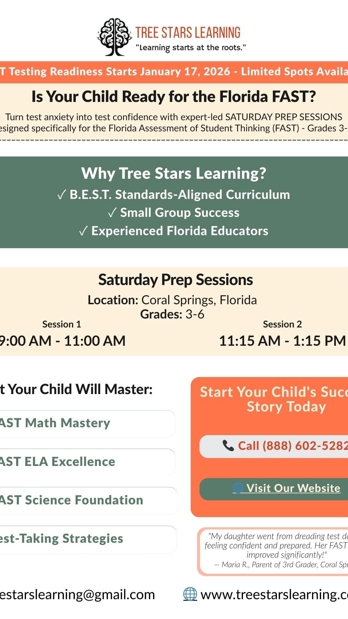 🚨 FAST PREP IS HERE! 🚨
Saturday FAST Testing Readiness Sessions at Tree Stars Learning are officially enrolling!
📚 Math • ELA • Writing • Science
✍🏽 Writing support aligned to FAST expectations
🎯 Test-taking strategies that build confidence
👩🏽🏫 Expert Florida educators
👫 Small groups. Big confidence.
📍 Coral Springs | Grades 3–6
🗓 Starts January 17, 2026
⏳ Limited spots available!
Let’s turn preparation into POWER 💪🏽📖🌳
#TreeStarsLearning
#FASTPrep
#FloridaFAST
#FASTWriting