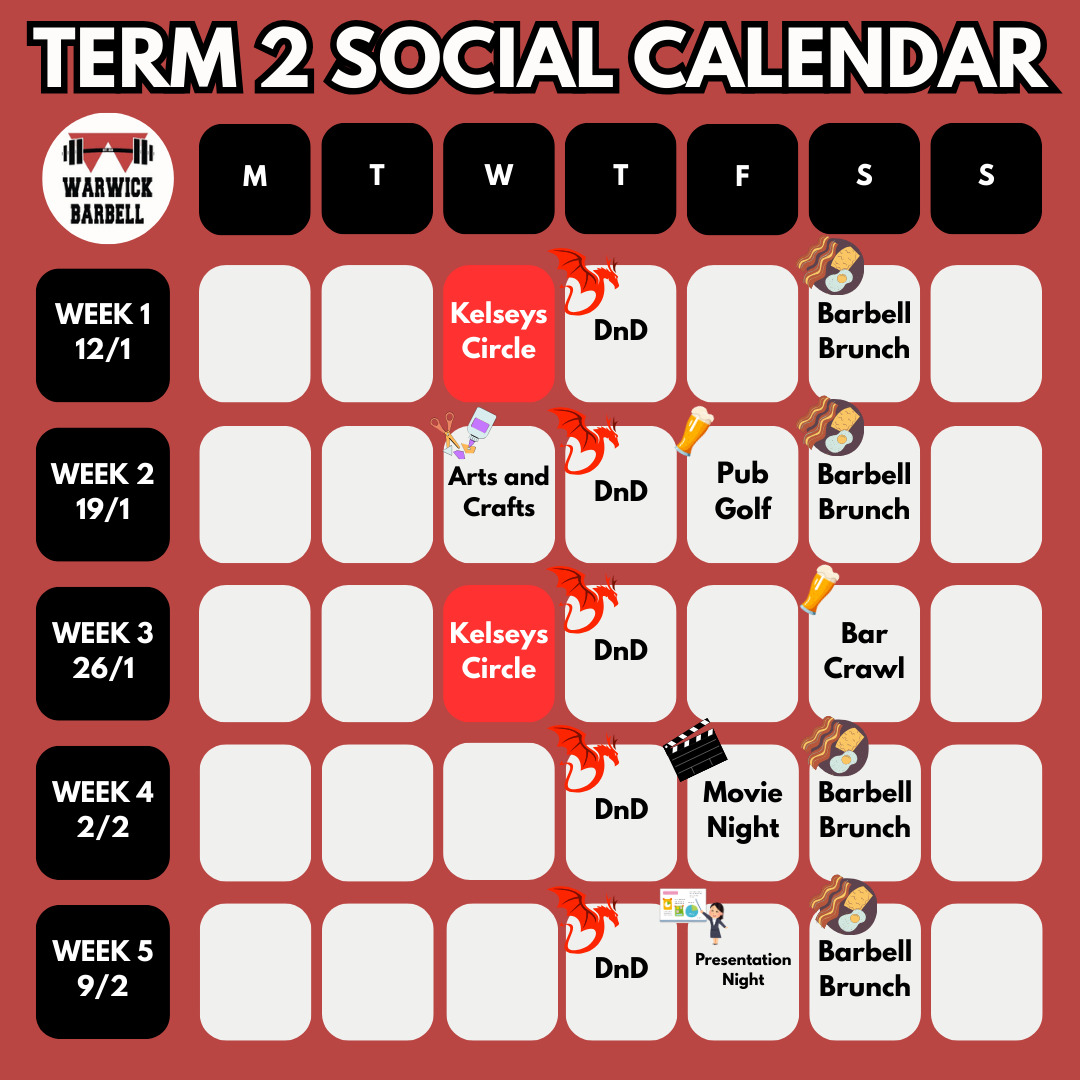 TERM 2 IS HERE and with it comes a new SOCIAL CALENDAR! We've got a lot of fan favourite socials returning and we will be running DnD sessions every Thursday!
Keep an eye out for announcements for each social regarding the exact location/time.
We can't wait to see you all at our socials this term!